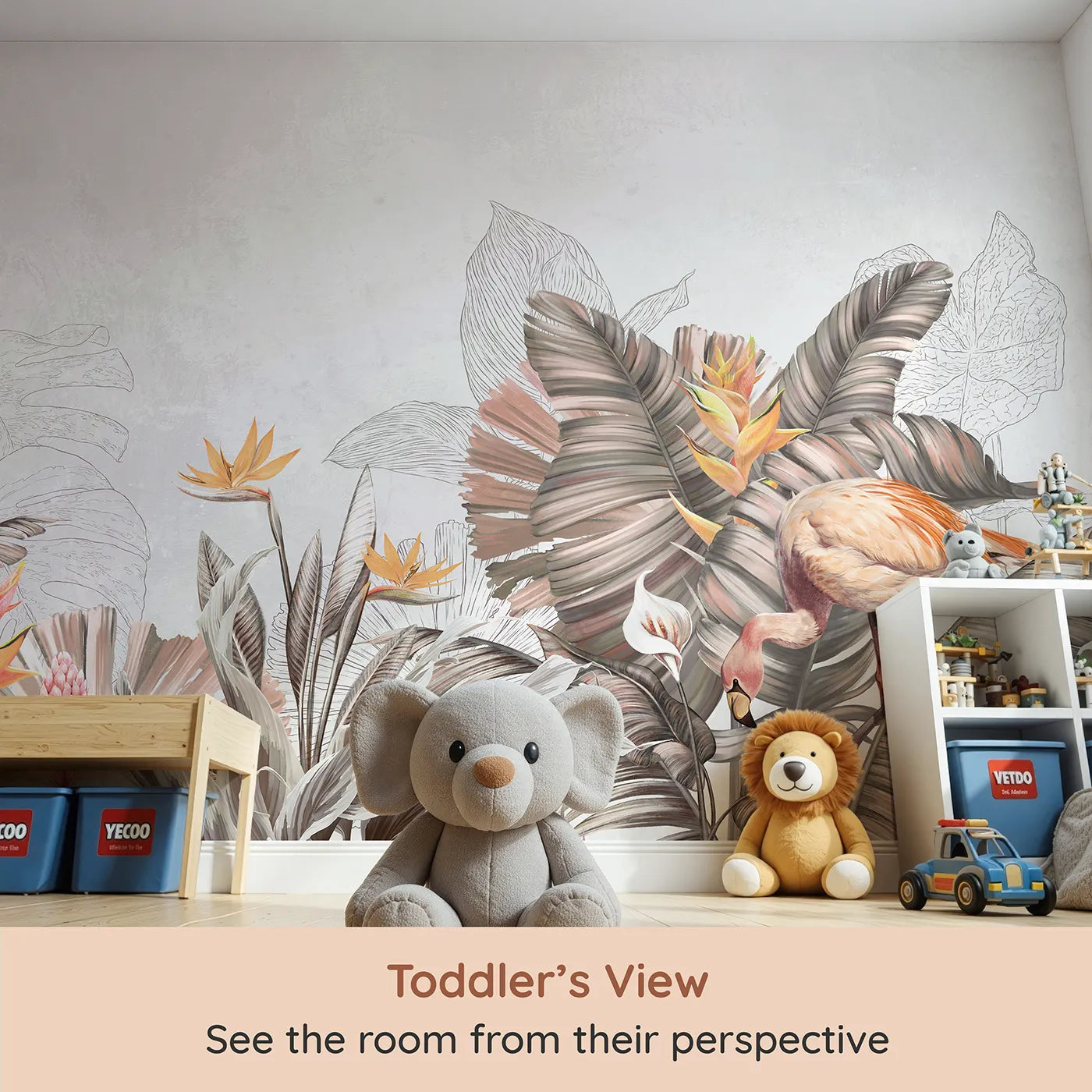 Whimsy Tots Tropical Flamingo Garden Wall Mural (Turn Their Room into a Chic and Sunny Oasis) from your child's view.Gender-Neutral