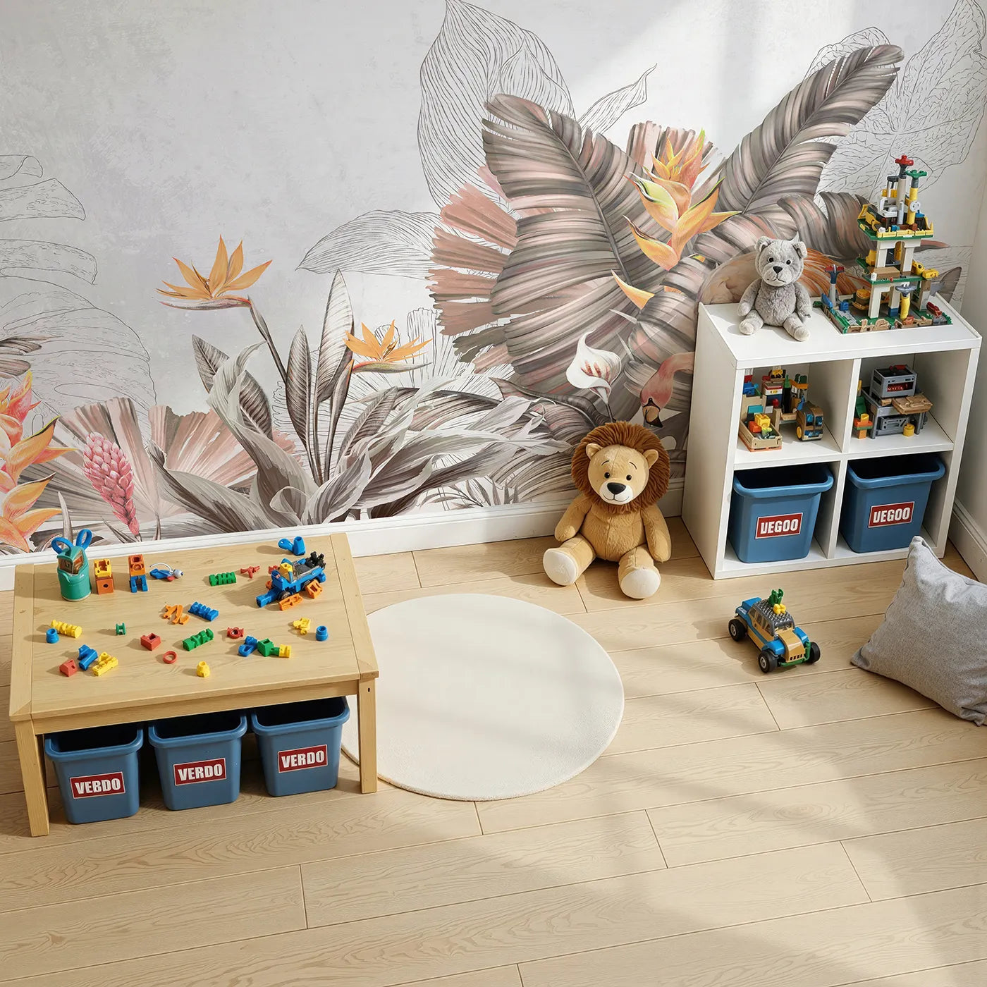 Top-down view of Whimsy Tots' Tropical Flamingo Garden Wall Mural (Turn Their Room into a Chic and Sunny Oasis).Gender-Neutral
