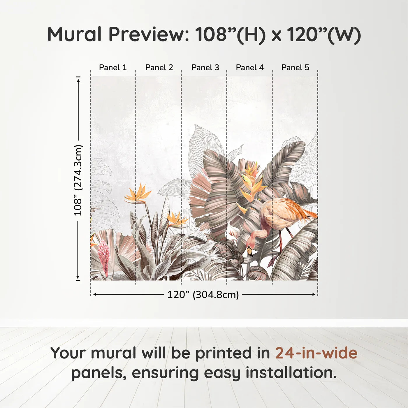 Whimsy Tots Tropical Flamingo Garden Wall Muraldimension view (108" H x 120" W). Printed in five 24-inch-wide panels. Gender-Neutral