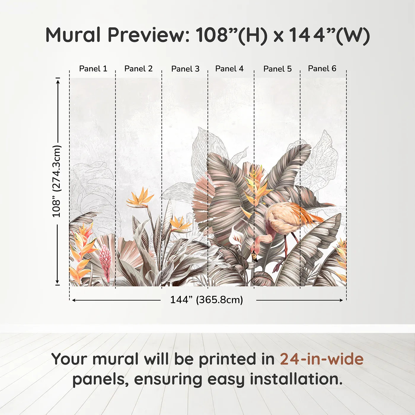 Whimsy Tots Tropical Flamingo Garden Wall Muraldimension view (108" H x 144" W). Printed in six 24-inch-wide panels. Gender-Neutral