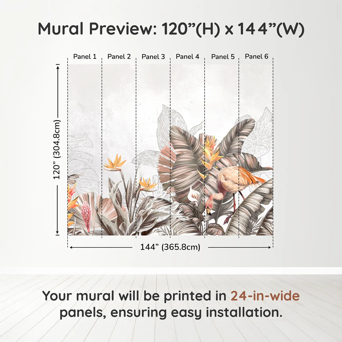Whimsy Tots Tropical Flamingo Garden Wall Muraldimension view (120" H x 144" W). Printed in six 24-inch-wide panels. Gender-Neutral