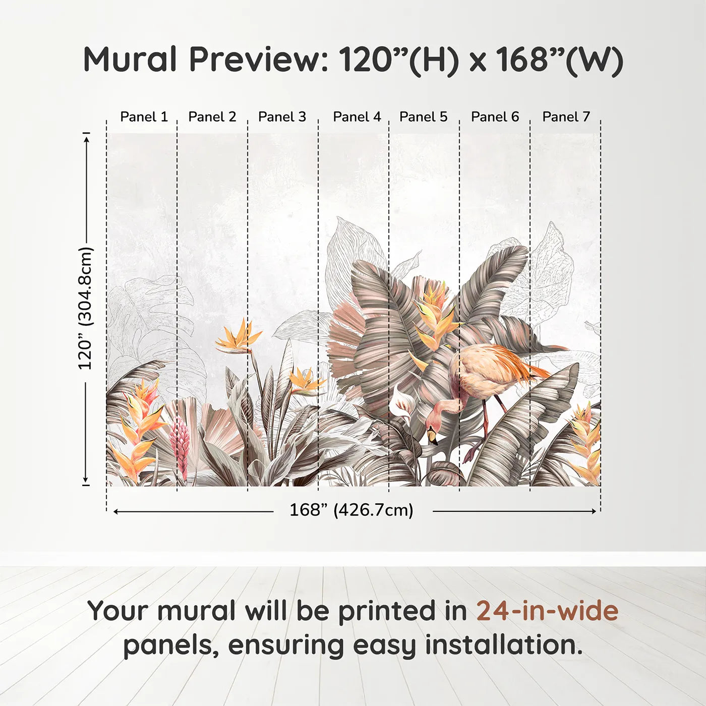 Whimsy Tots Tropical Flamingo Garden Wall Muraldimension view (120" H x 168" W). Printed in seven 24-inch-wide panels. Gender-Neutral