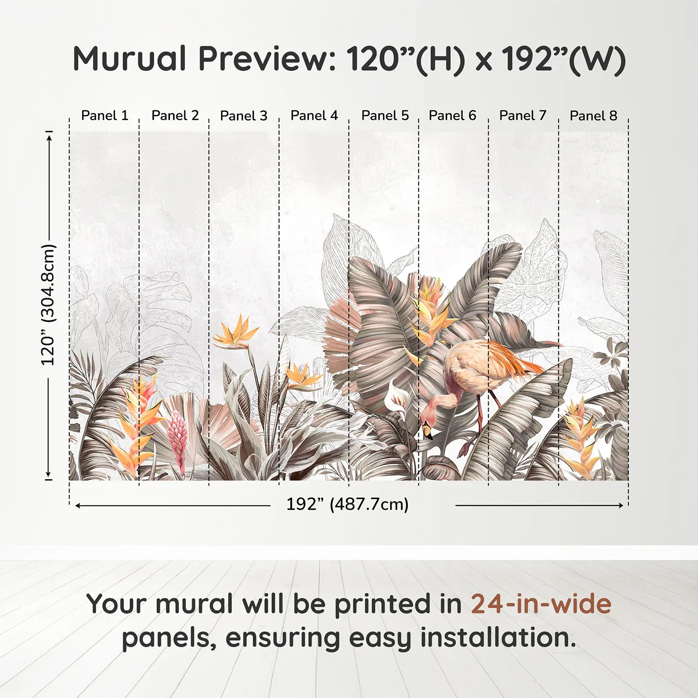 Whimsy Tots Tropical Flamingo Garden Wall Muraldimension view (120" H x 192" W). Printed in eight 24-inch-wide panels. Gender-Neutral