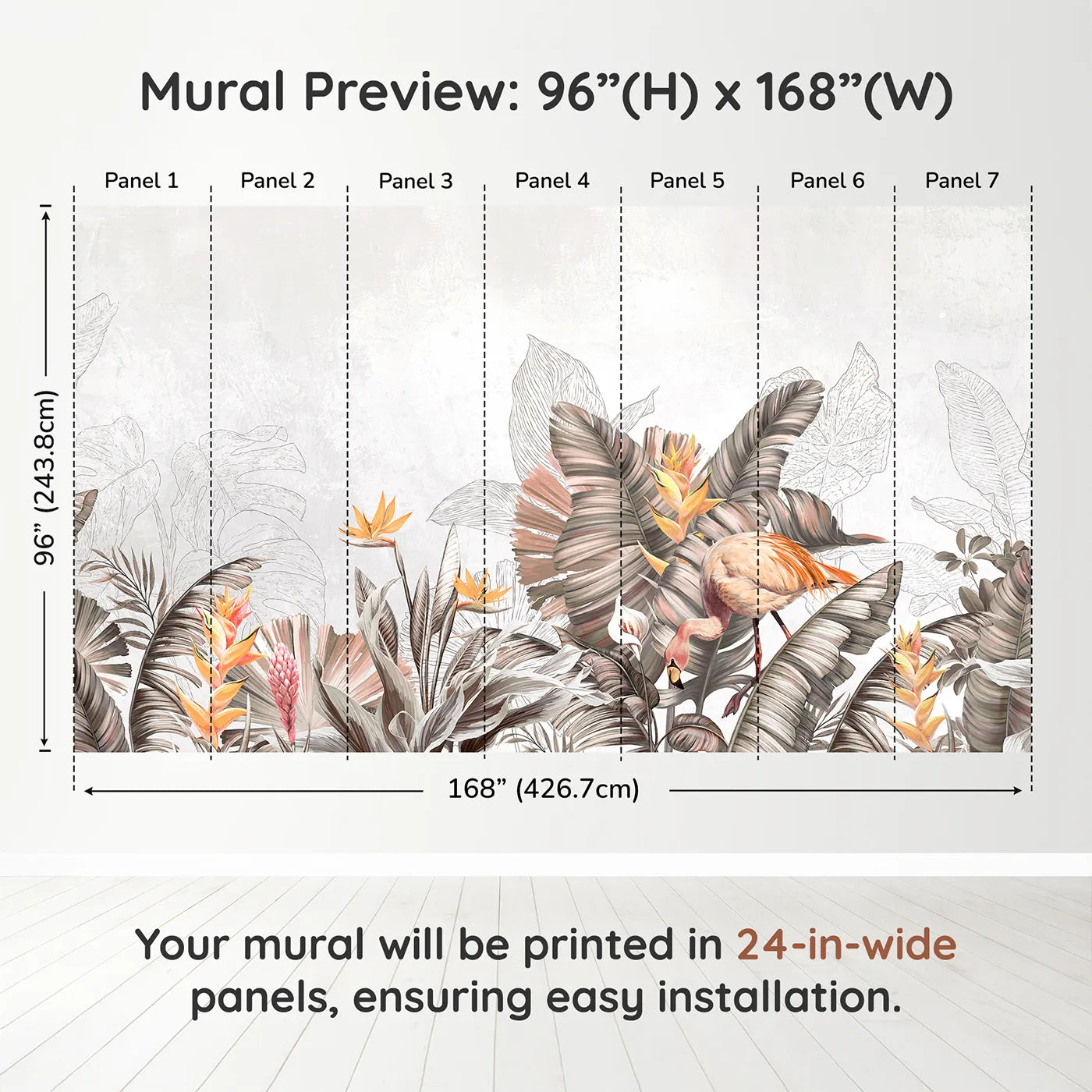 Whimsy Tots Tropical Flamingo Garden Wall Muraldimension view (96" H x 168" W). Printed in seven 24-inch-wide panels. Gender-Neutral