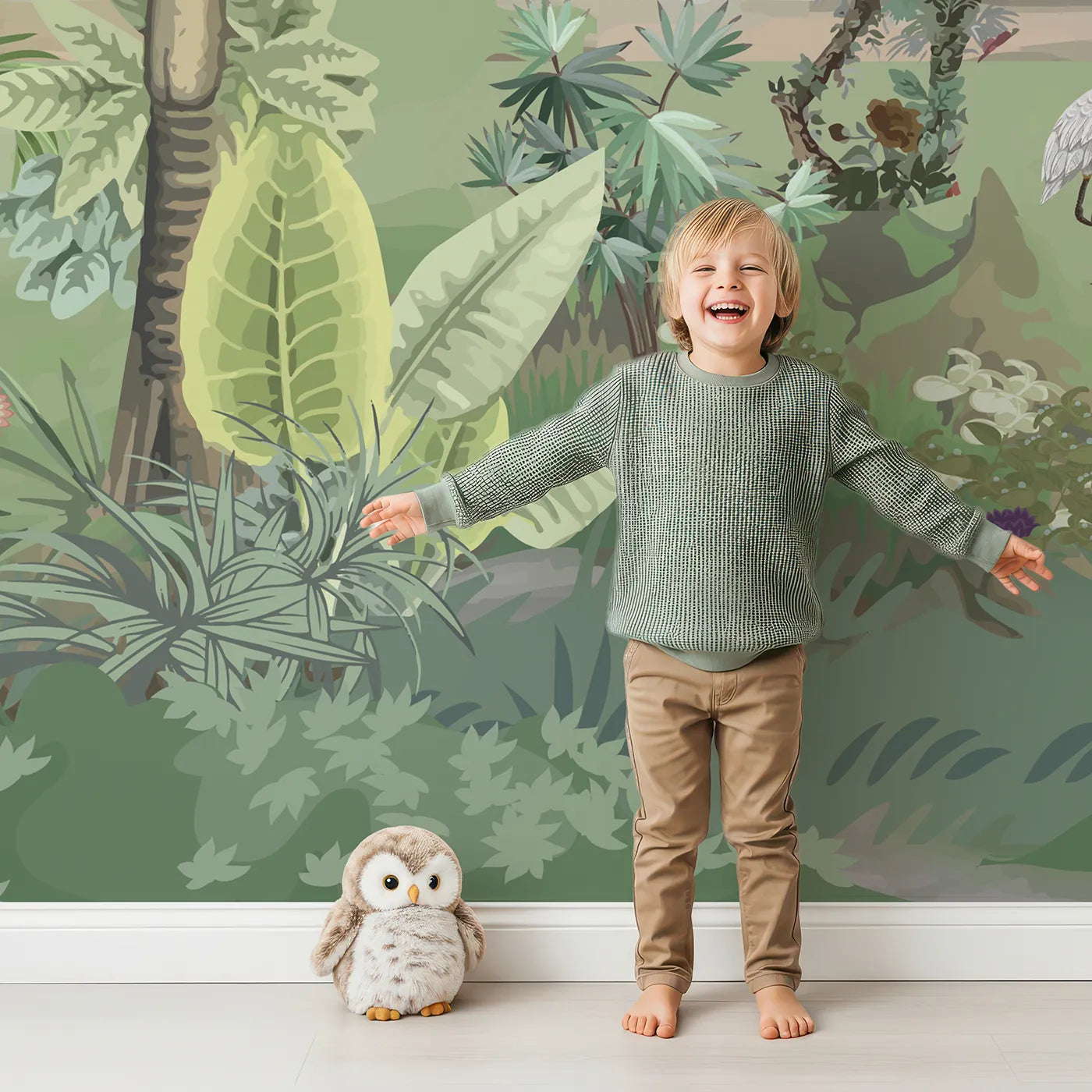 Child in front of Whimsy Tots Indian Palace Garden Wall Mural with chinoiserie, vintage, indian, bird, exotic, tropical, classic, garden in design.