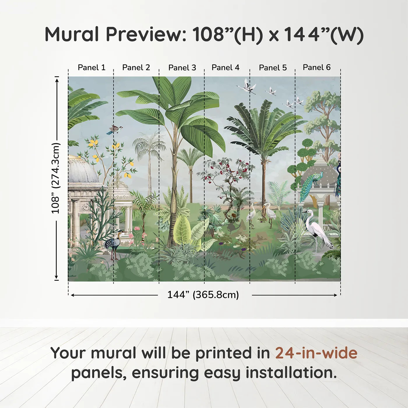 Whimsy Tots Indian Palace Garden Wall Muraldimension view (108" H x 144" W). Printed in six 24-inch-wide panels. Gender-Neutral