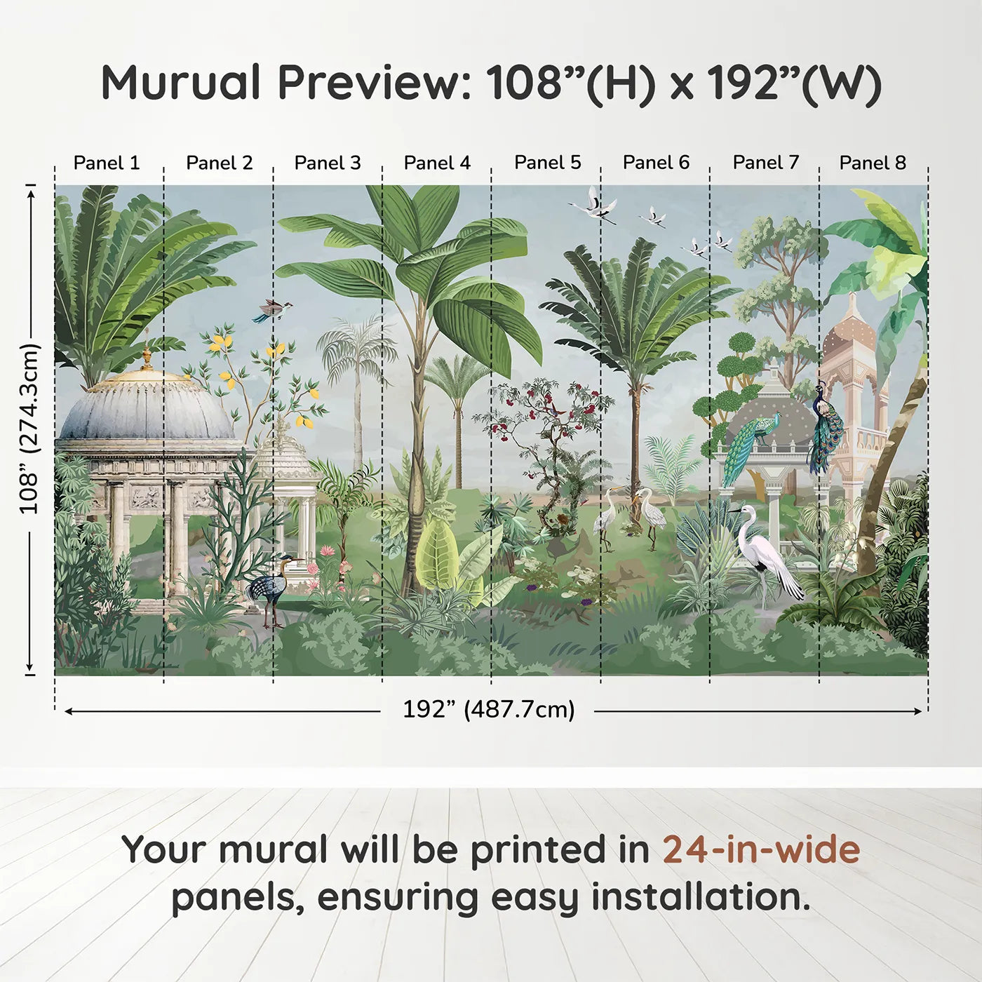 Whimsy Tots Indian Palace Garden Wall Muraldimension view (108" H x 192" W). Printed in eight 24-inch-wide panels. Gender-Neutral
