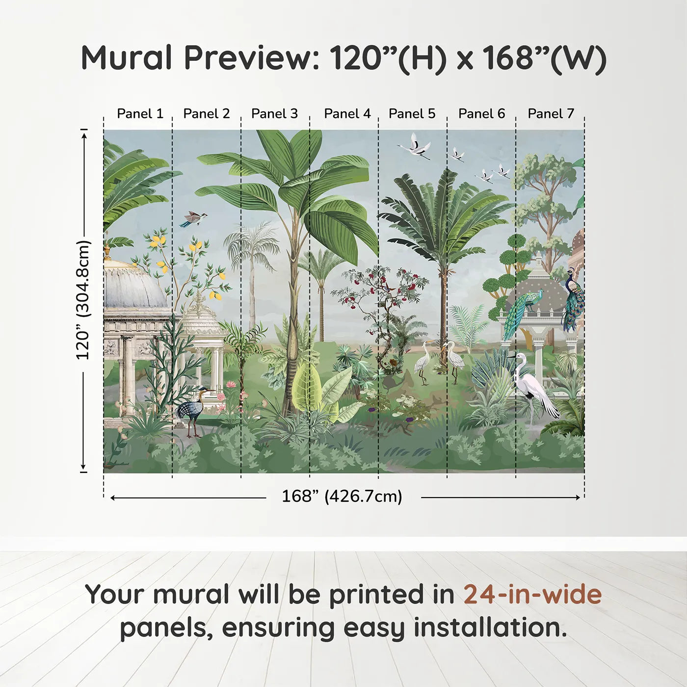 Whimsy Tots Indian Palace Garden Wall Muraldimension view (120" H x 168" W). Printed in seven 24-inch-wide panels. Gender-Neutral