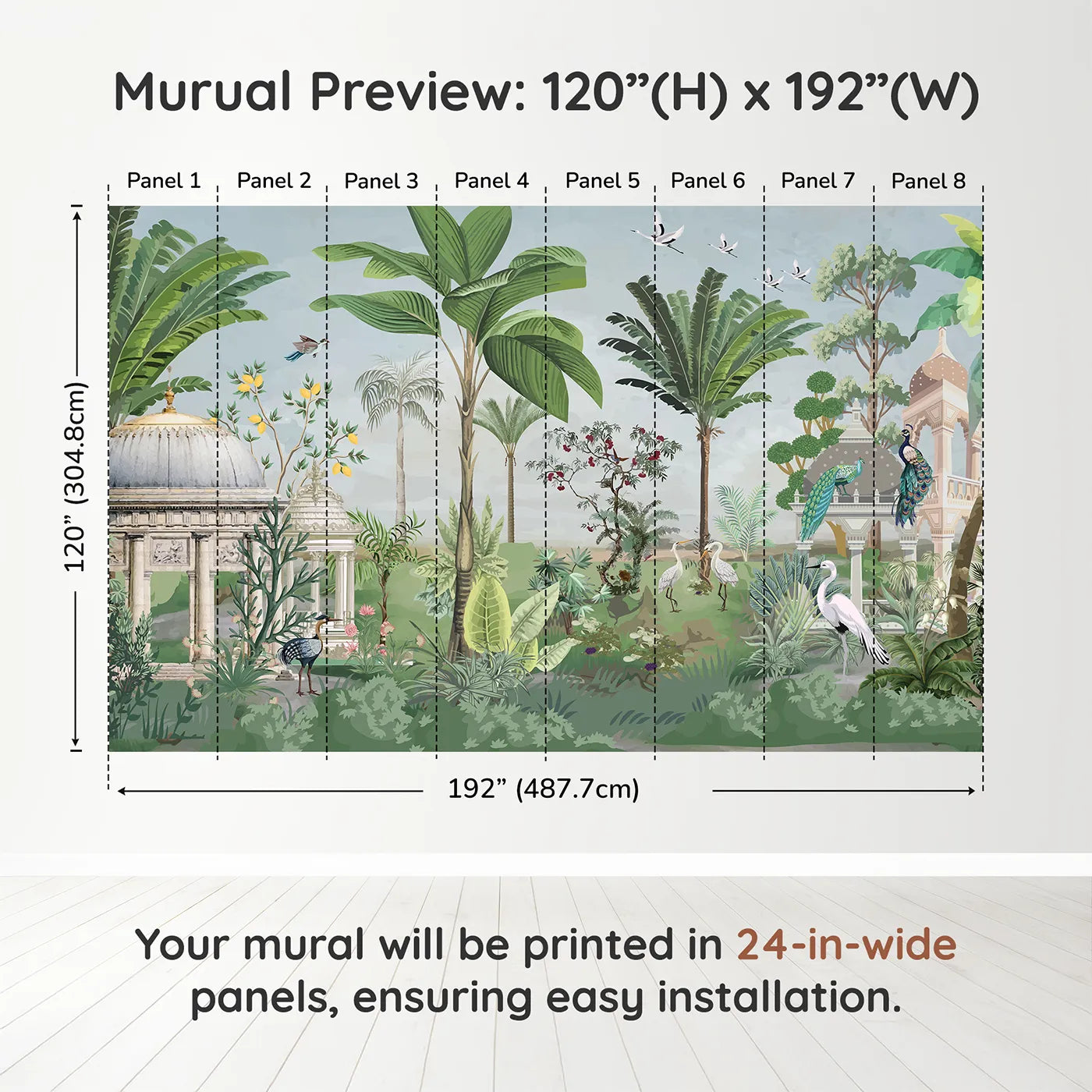 Whimsy Tots Indian Palace Garden Wall Muraldimension view (120" H x 192" W). Printed in eight 24-inch-wide panels. Gender-Neutral