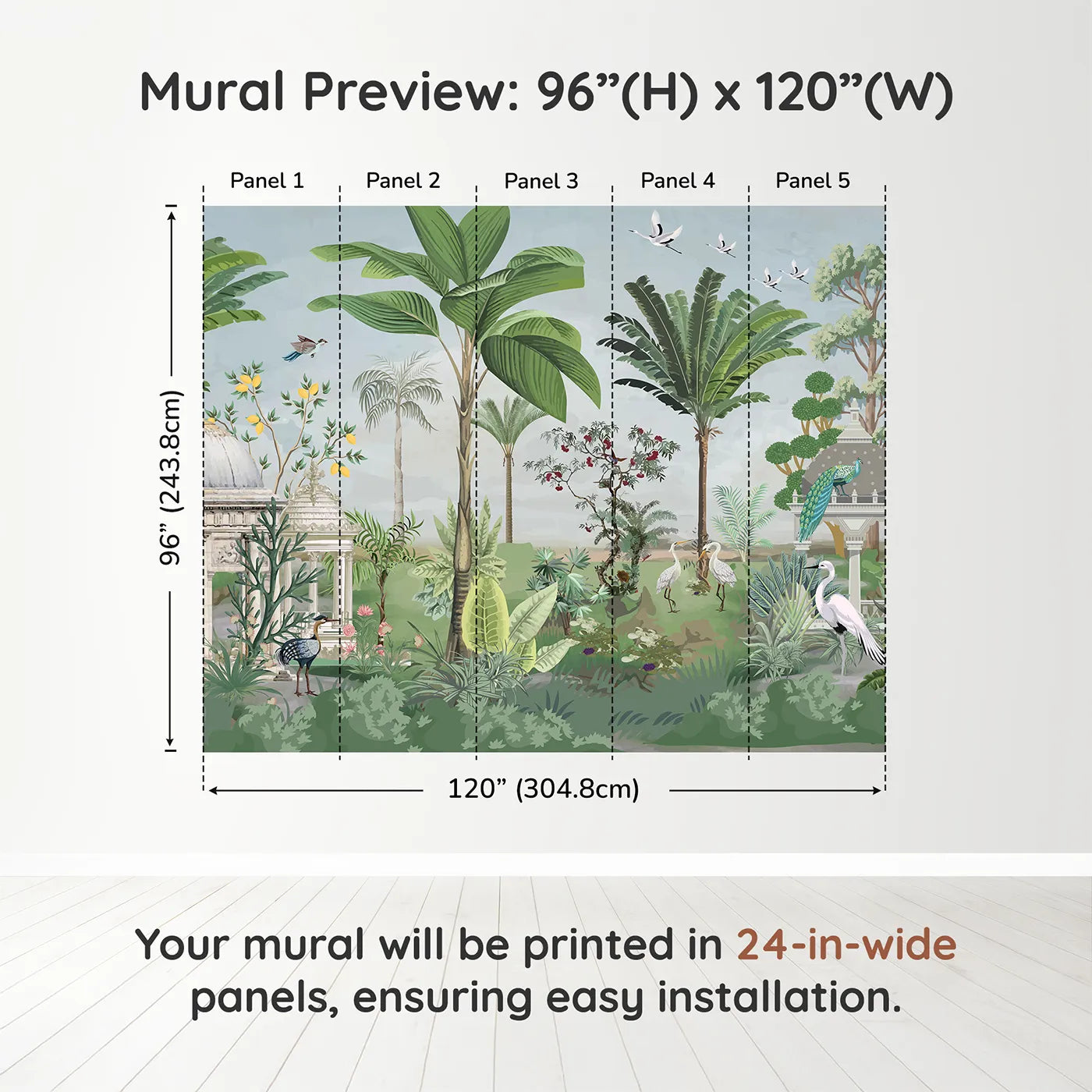 Whimsy Tots Indian Palace Garden Wall Muraldimension view (96" H x 120" W). Printed in five 24-inch-wide panels. Gender-Neutral