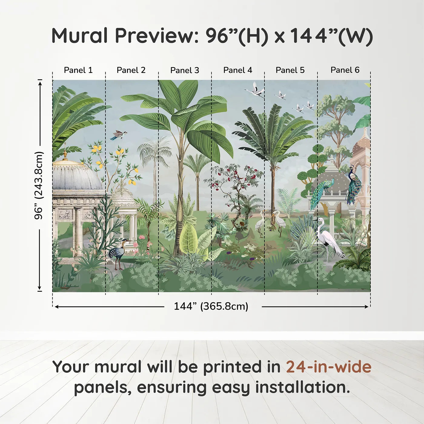 Whimsy Tots Indian Palace Garden Wall Muraldimension view (96" H x 144" W). Printed in six 24-inch-wide panels. Gender-Neutral