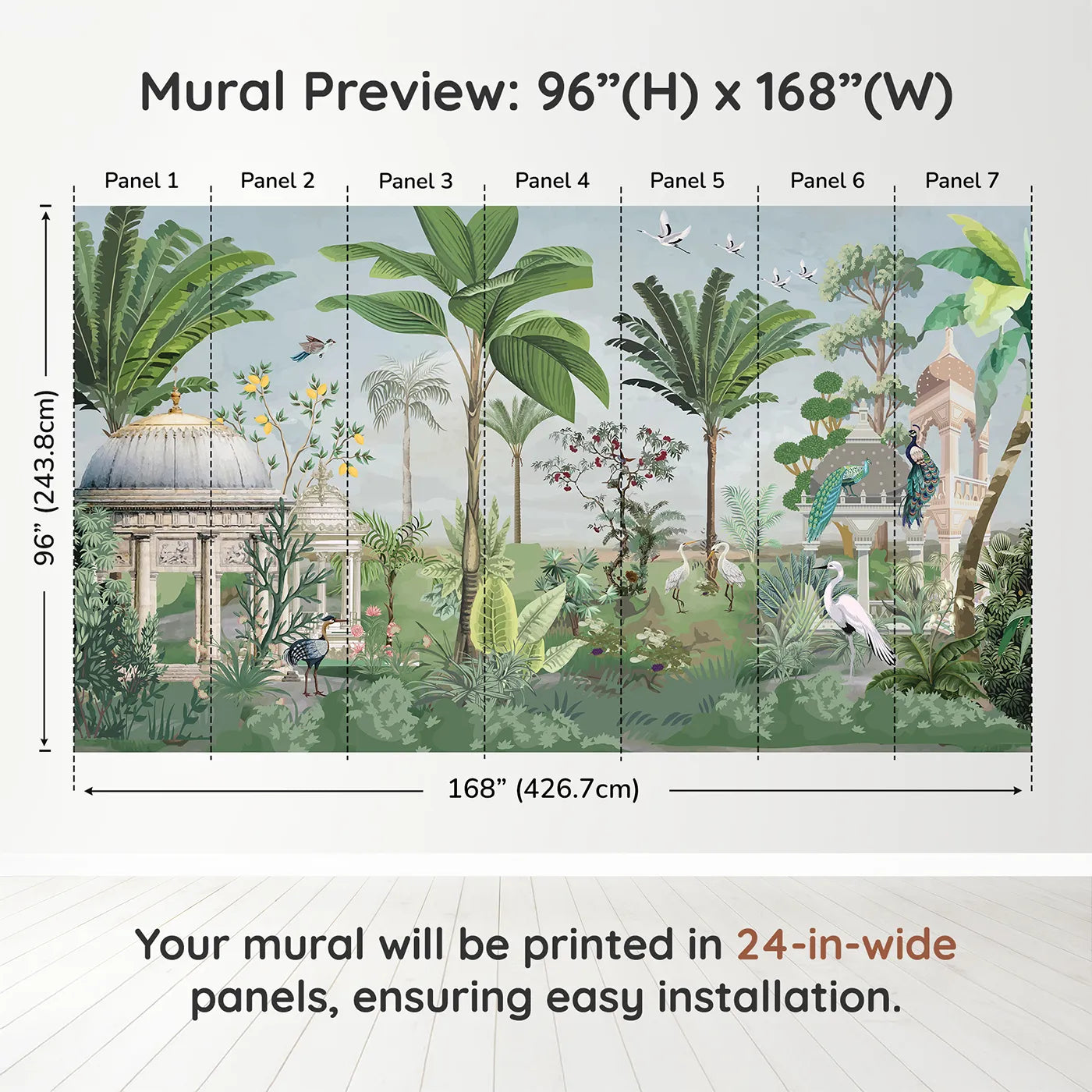 Whimsy Tots Indian Palace Garden Wall Muraldimension view (96" H x 168" W). Printed in seven 24-inch-wide panels. Gender-Neutral
