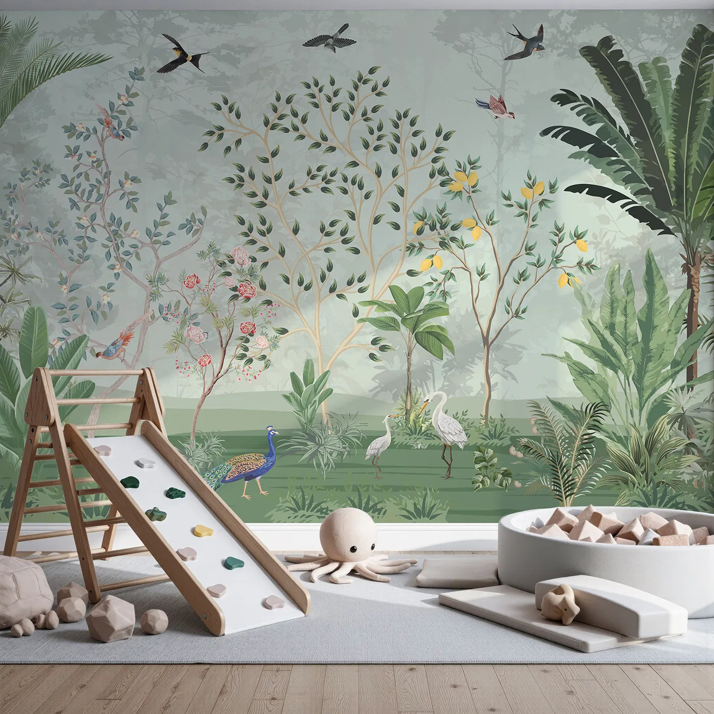 Front view of Whimsy Tots' Chinoiserie Jungle Wall Mural