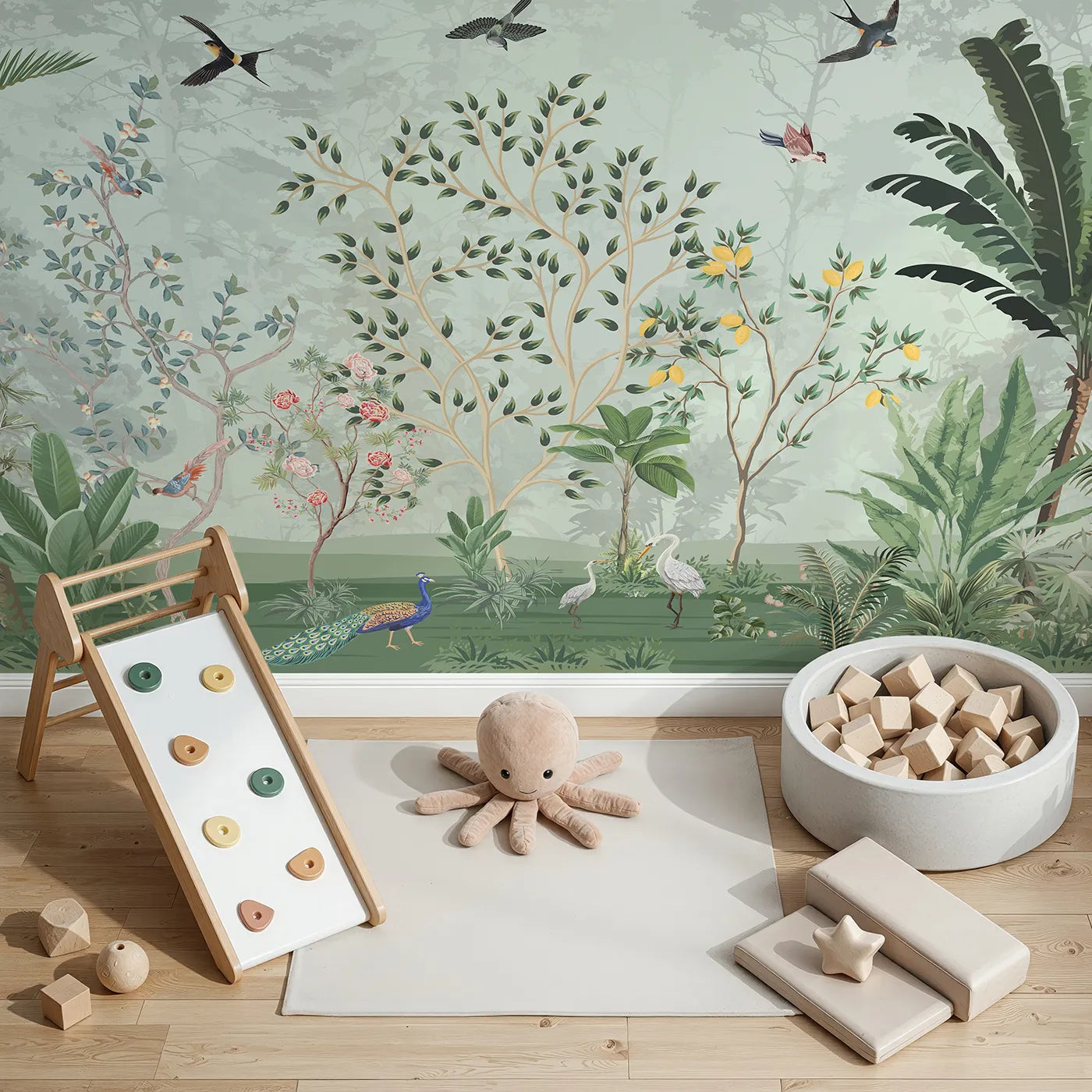 Top-down view of Whimsy Tots' Chinoiserie Jungle Wall Mural (Turn Their Room into an Elegant, Hand-Painted Paradise).Gender-Neutral
