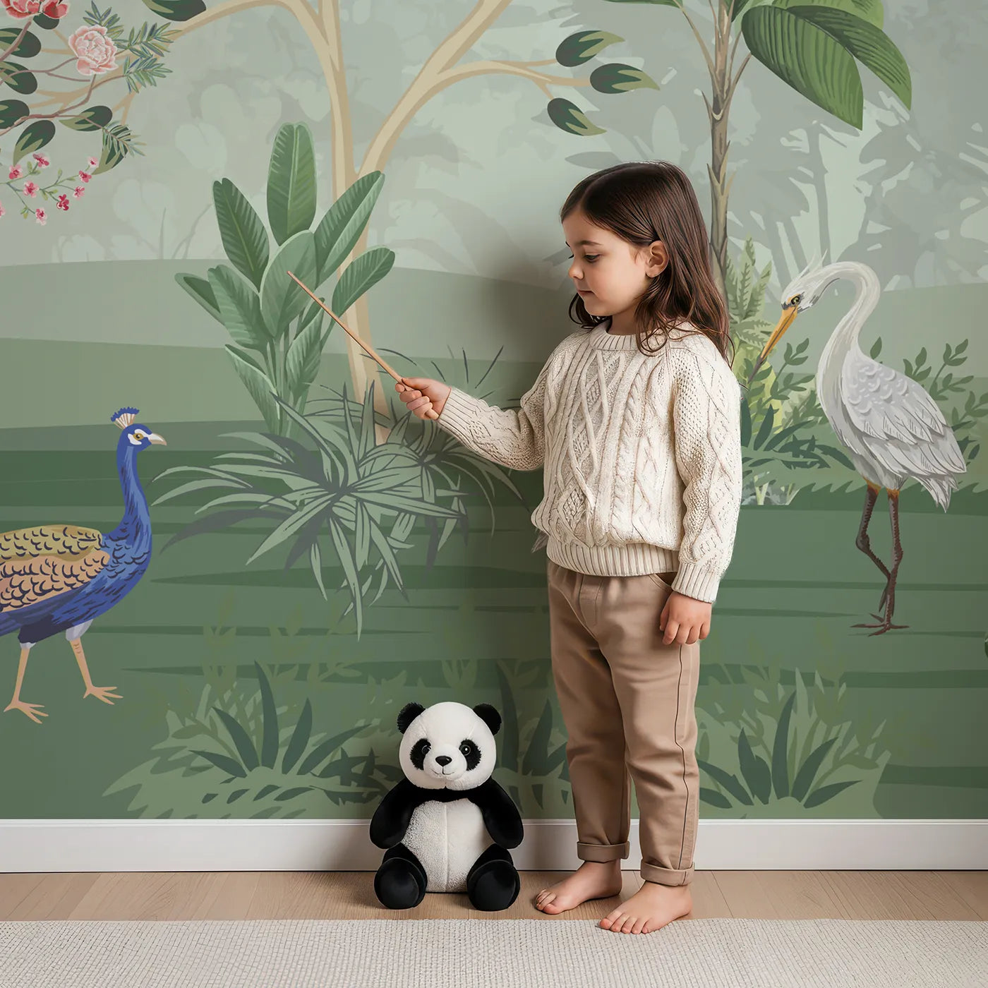 Child in front of Whimsy Tots Chinoiserie Jungle Wall Mural with chinoiserie, vintage, floral, flower, bird, peacock, jungle, classic in design.