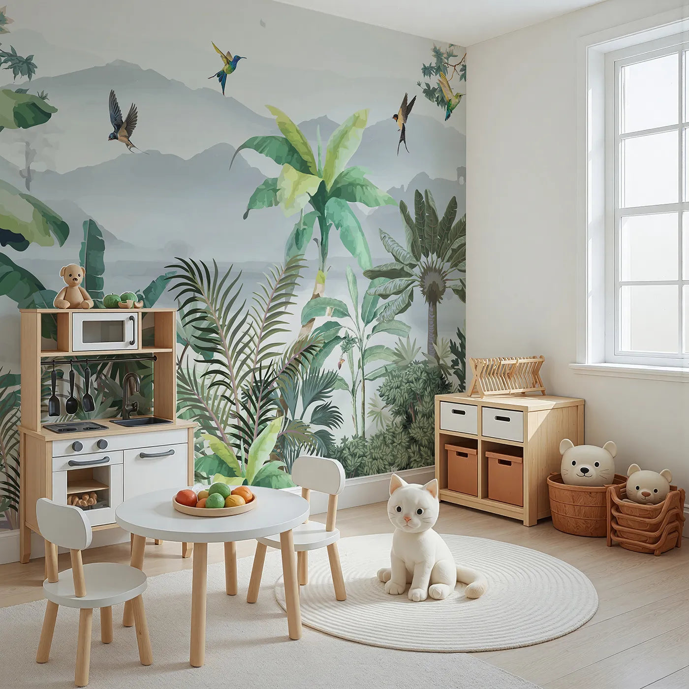 Angled view of Whimsy Tots' Misty Jungle Flight Wall Mural (Turn Their Room into a Lush, Ethereal Rainforest).Gender-Neutral