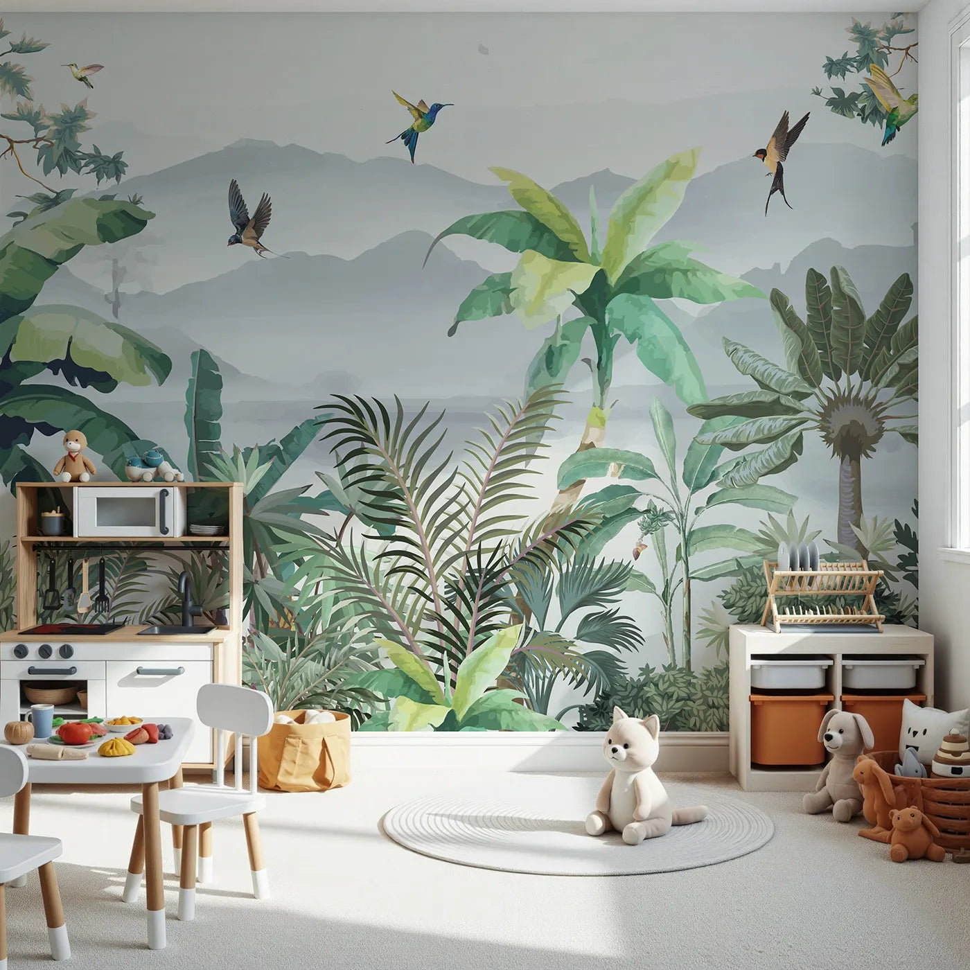 Front view of Whimsy Tots' Misty Jungle Flight Wall Mural