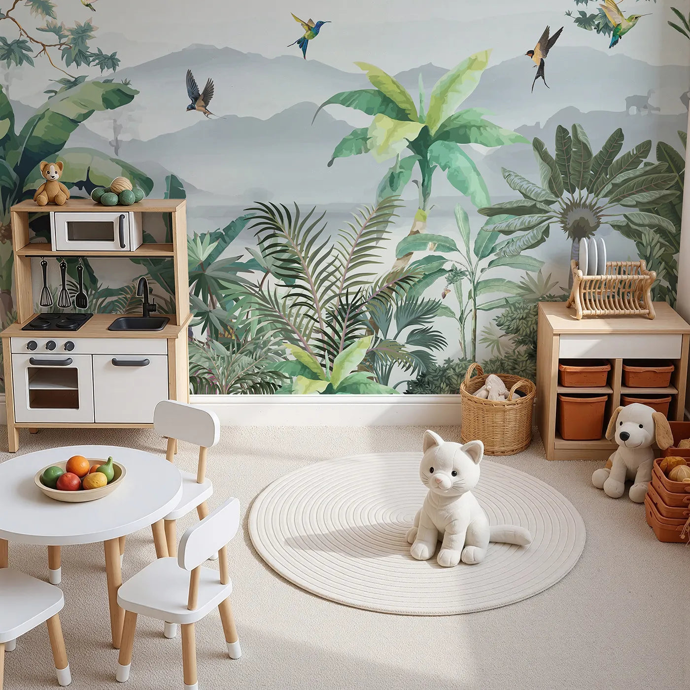 Top-down view of Whimsy Tots' Misty Jungle Flight Wall Mural (Turn Their Room into a Lush, Ethereal Rainforest).Gender-Neutral
