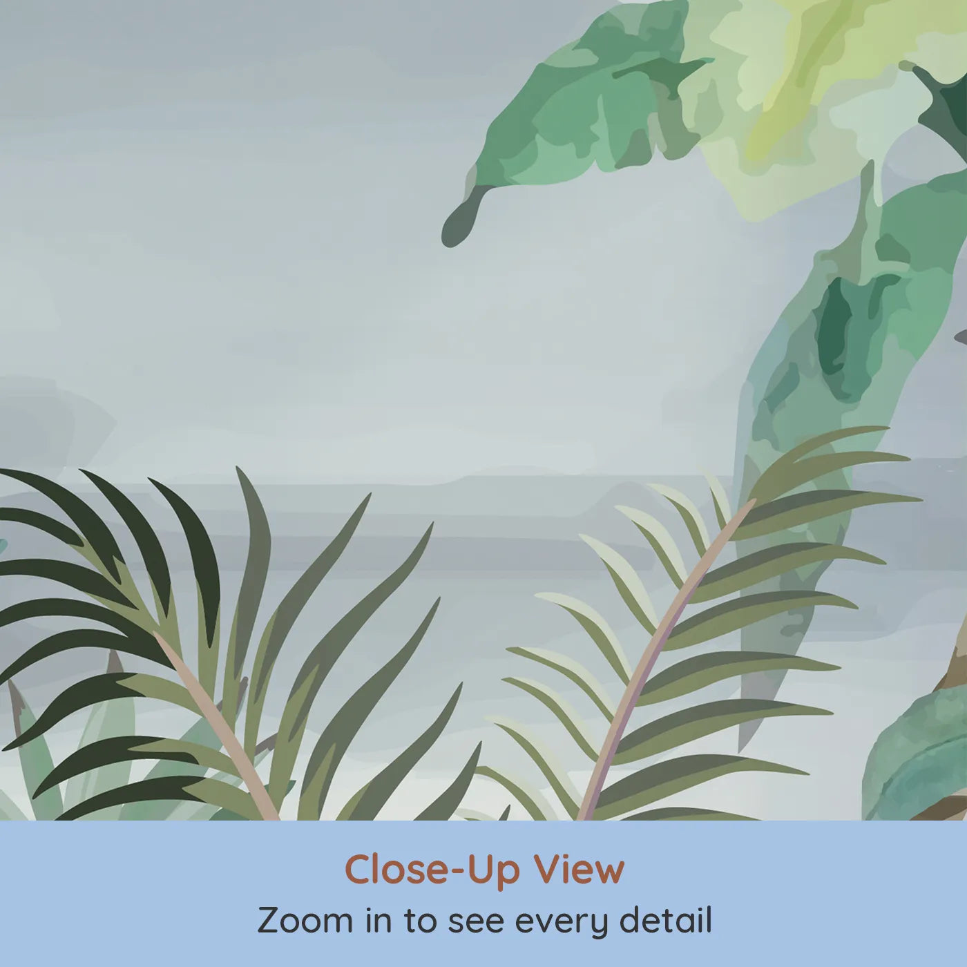 Close-up view of Whimsy Tots' Misty Jungle Flight Wall Mural (Turn Their Room into a Lush, Ethereal Rainforest).Gender-Neutral