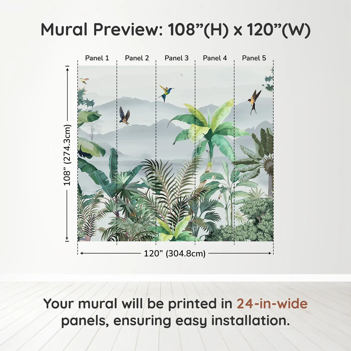Whimsy Tots Misty Jungle Flight Wall Muraldimension view (108" H x 120" W). Printed in five 24-inch-wide panels. Gender-Neutral