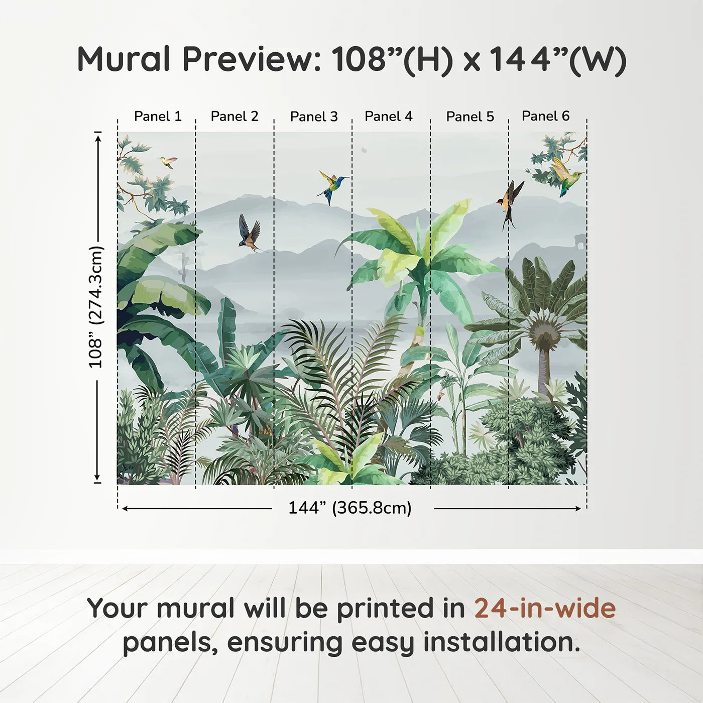 Whimsy Tots Misty Jungle Flight Wall Muraldimension view (108" H x 144" W). Printed in six 24-inch-wide panels. Gender-Neutral