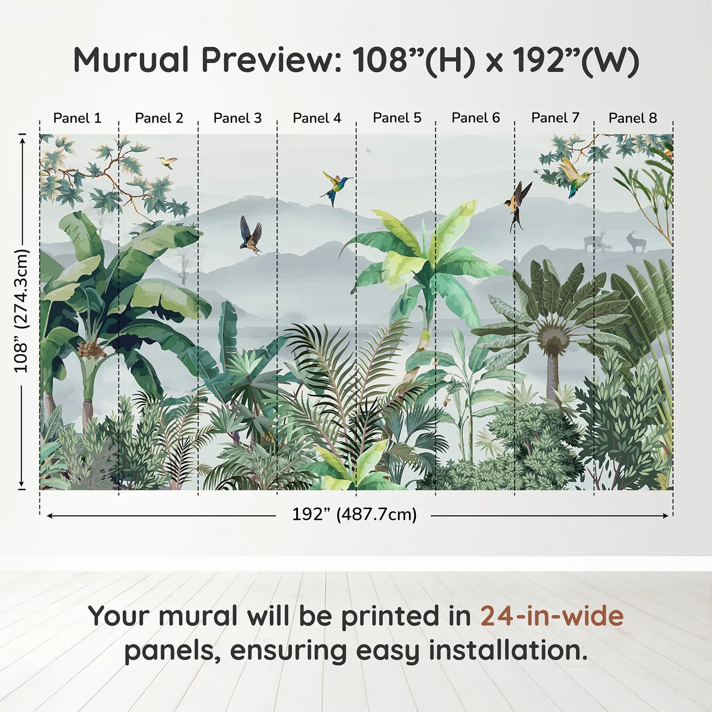 Whimsy Tots Misty Jungle Flight Wall Muraldimension view (108" H x 192" W). Printed in eight 24-inch-wide panels. Gender-Neutral