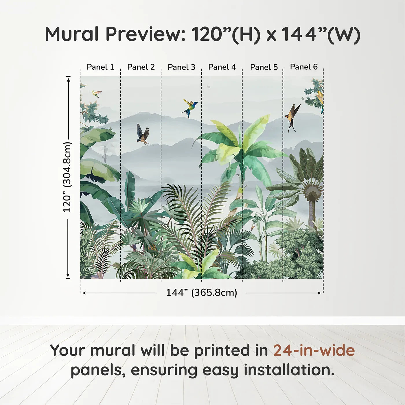 Whimsy Tots Misty Jungle Flight Wall Muraldimension view (120" H x 144" W). Printed in six 24-inch-wide panels. Gender-Neutral