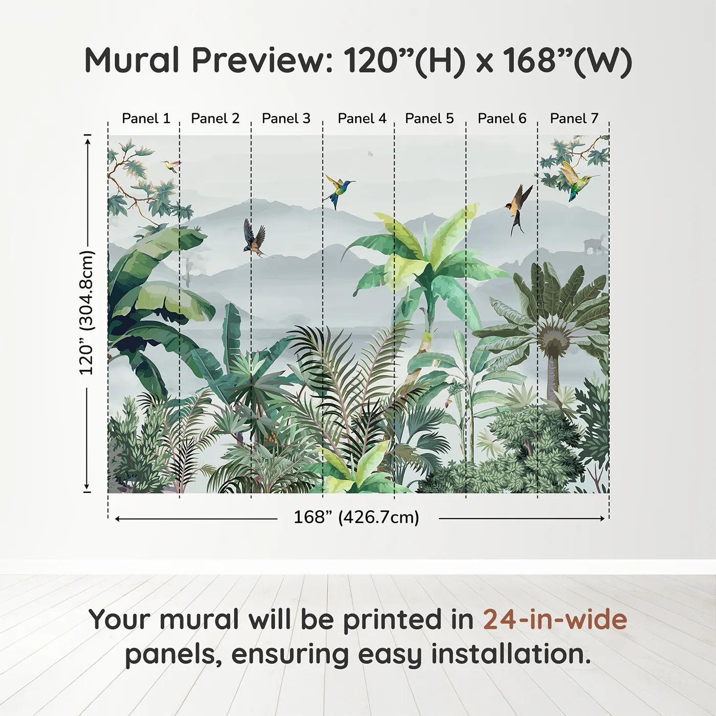 Whimsy Tots Misty Jungle Flight Wall Muraldimension view (120" H x 168" W). Printed in seven 24-inch-wide panels. Gender-Neutral