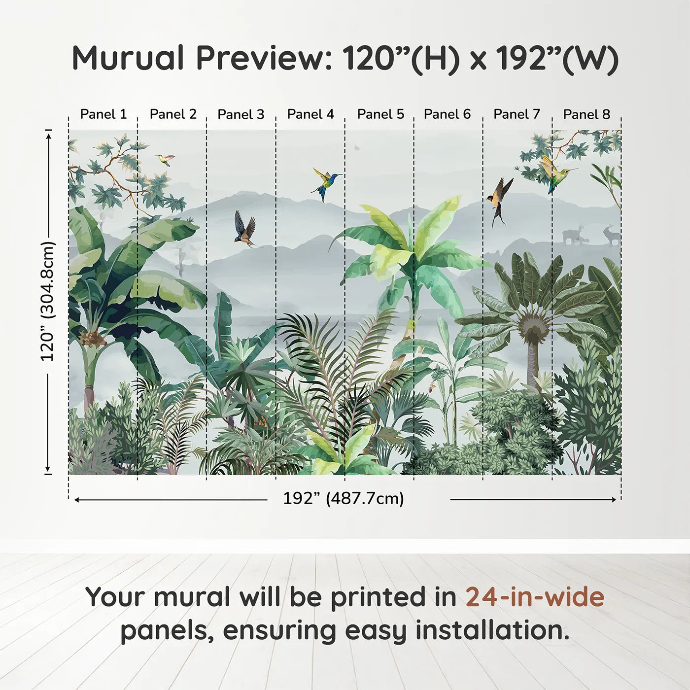 Whimsy Tots Misty Jungle Flight Wall Muraldimension view (120" H x 192" W). Printed in eight 24-inch-wide panels. Gender-Neutral