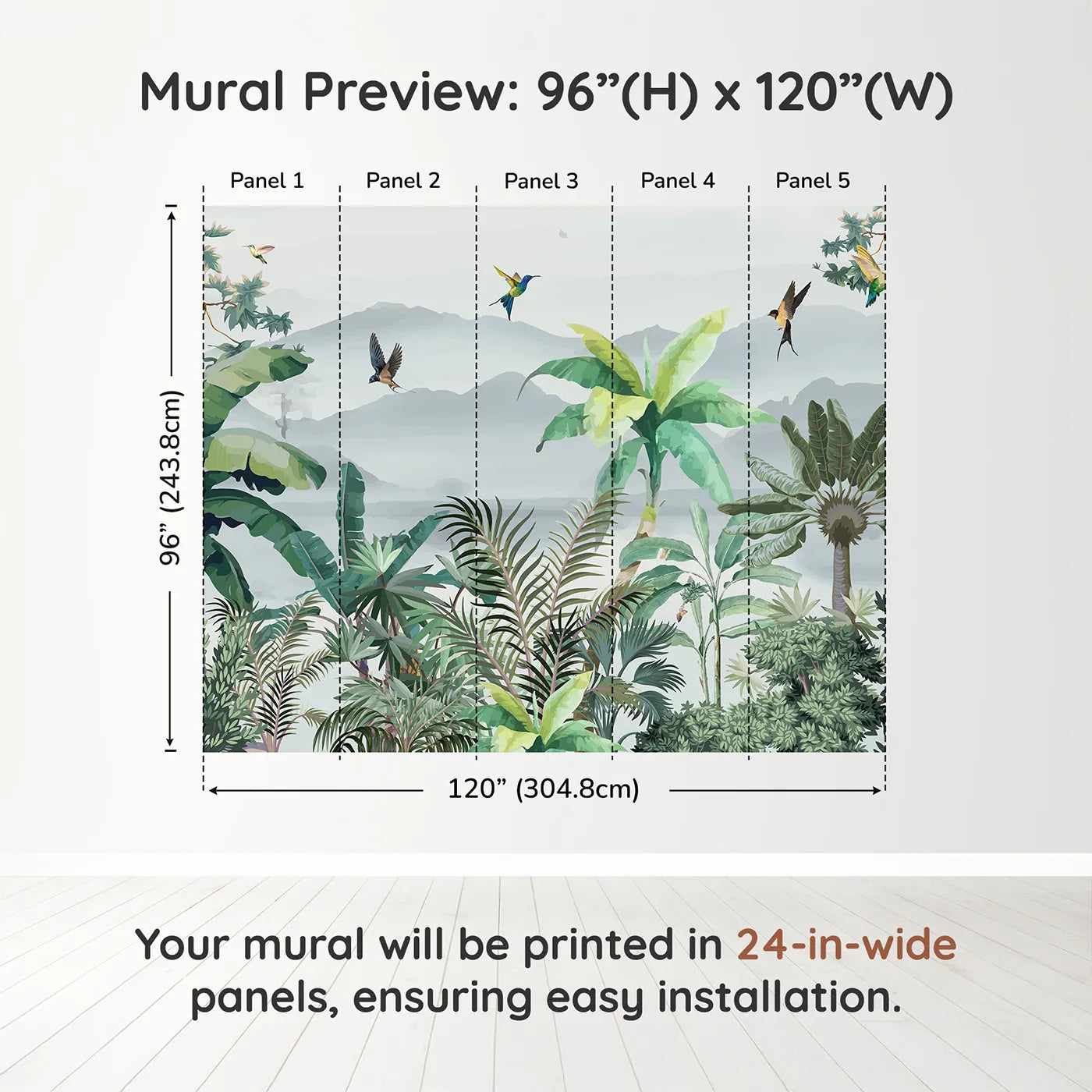 Whimsy Tots Misty Jungle Flight Wall Muraldimension view (96" H x 120" W). Printed in five 24-inch-wide panels. Gender-Neutral