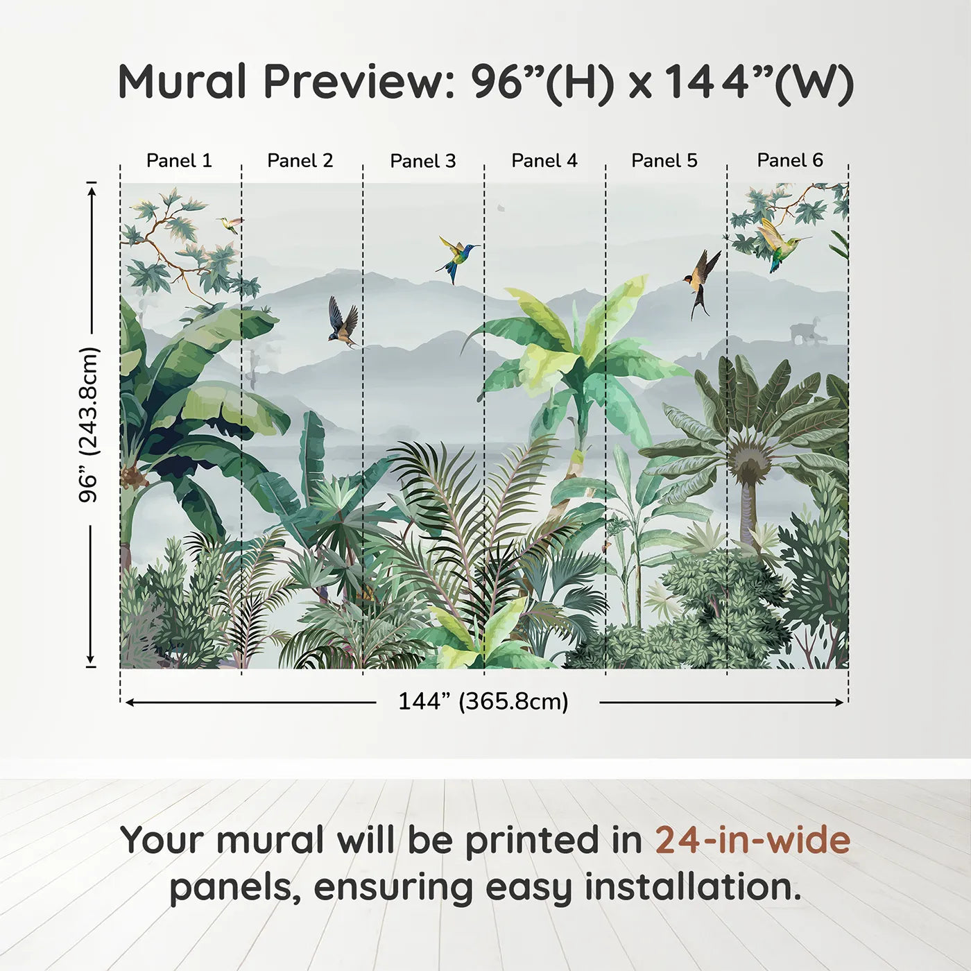 Whimsy Tots Misty Jungle Flight Wall Muraldimension view (96" H x 144" W). Printed in six 24-inch-wide panels. Gender-Neutral