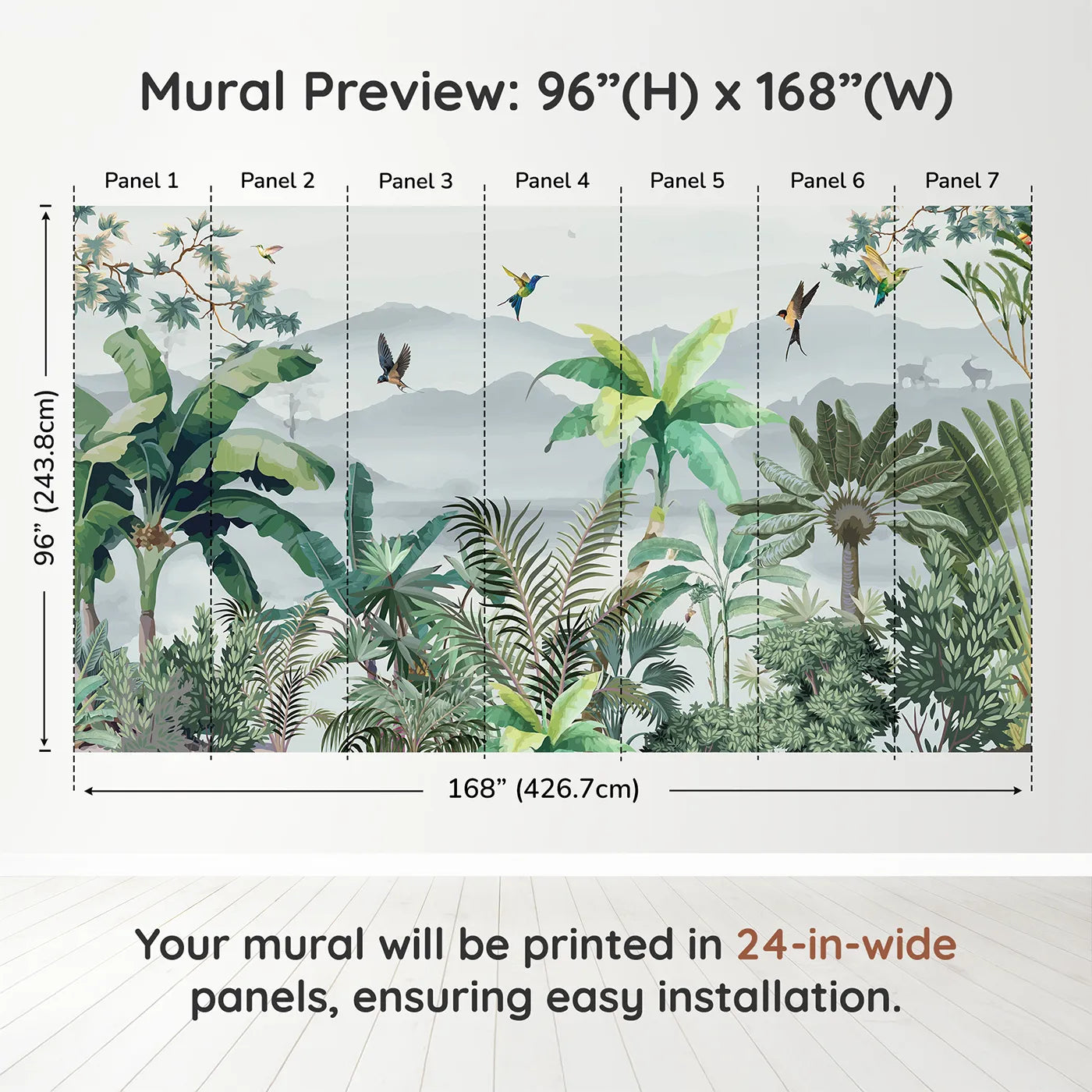 Whimsy Tots Misty Jungle Flight Wall Muraldimension view (96" H x 168" W). Printed in seven 24-inch-wide panels. Gender-Neutral