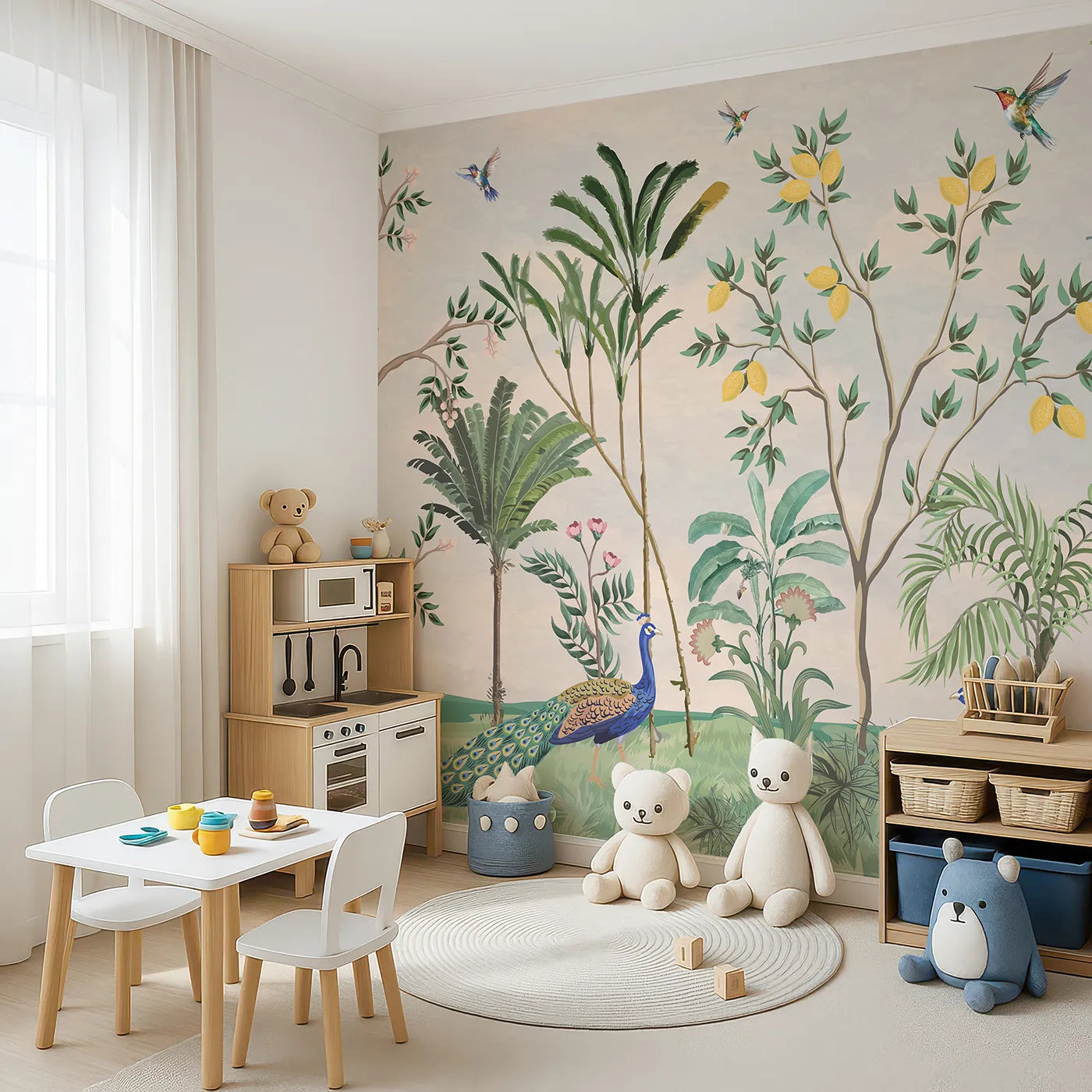 Angled view of Whimsy Tots' Peacock Garden Wall Mural (Turn Their Room into an Elegant, Hand-Painted Paradise).Gender-Neutral