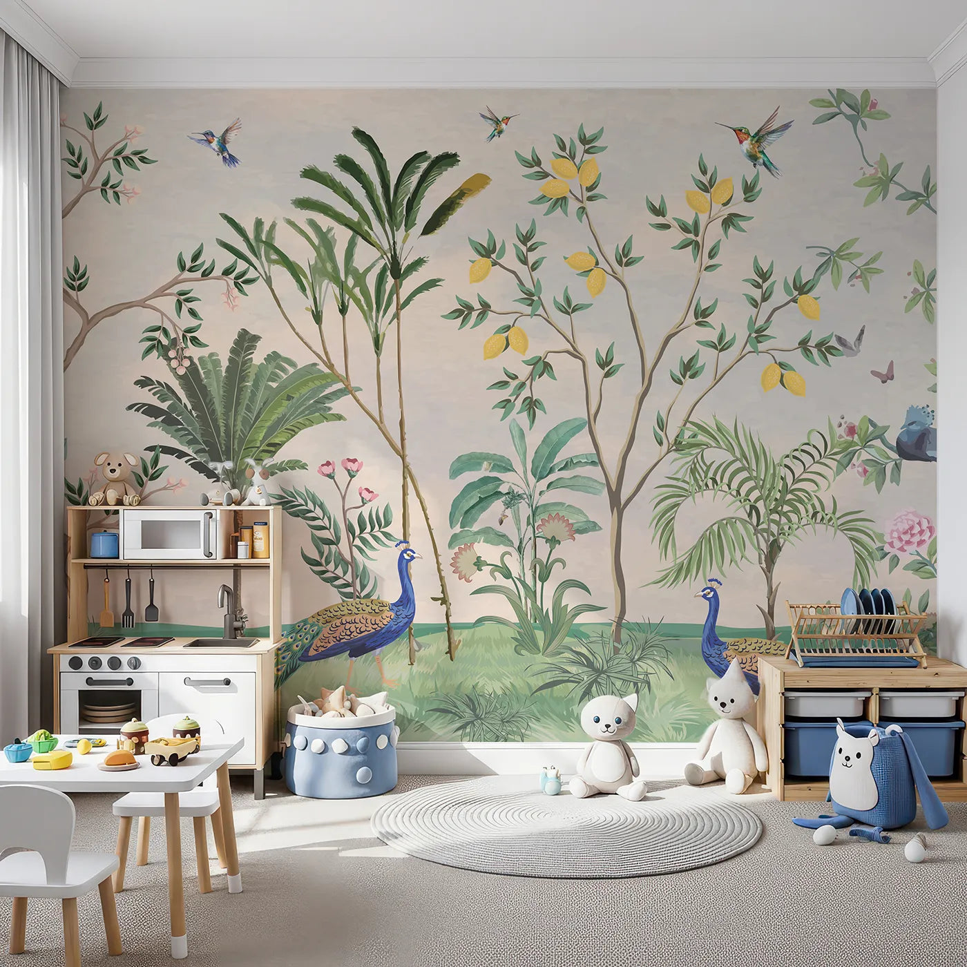 Front view of Whimsy Tots' Peacock Garden Wall Mural