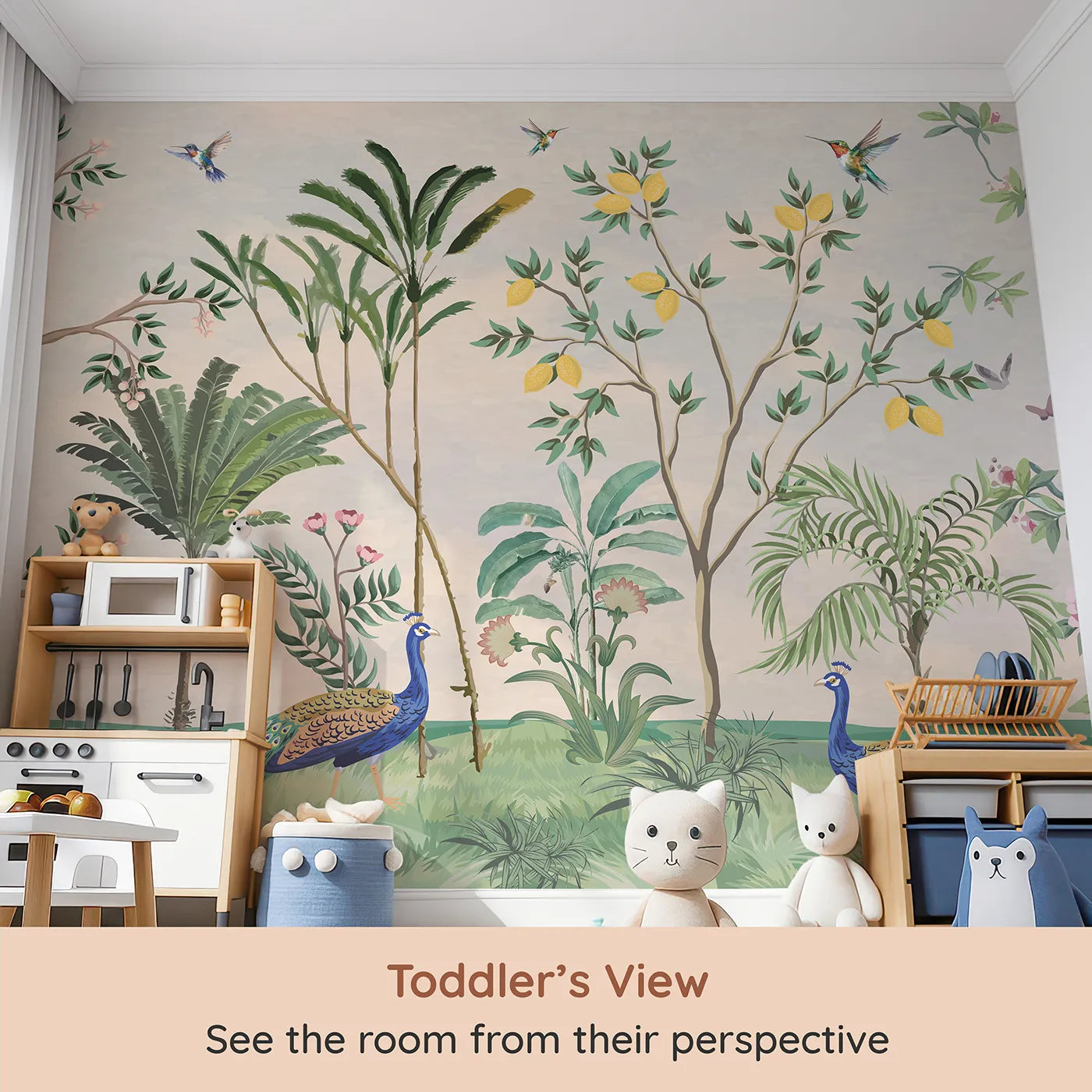 Whimsy Tots Peacock Garden Wall Mural (Turn Their Room into an Elegant, Hand-Painted Paradise) from your child's view.Gender-Neutral