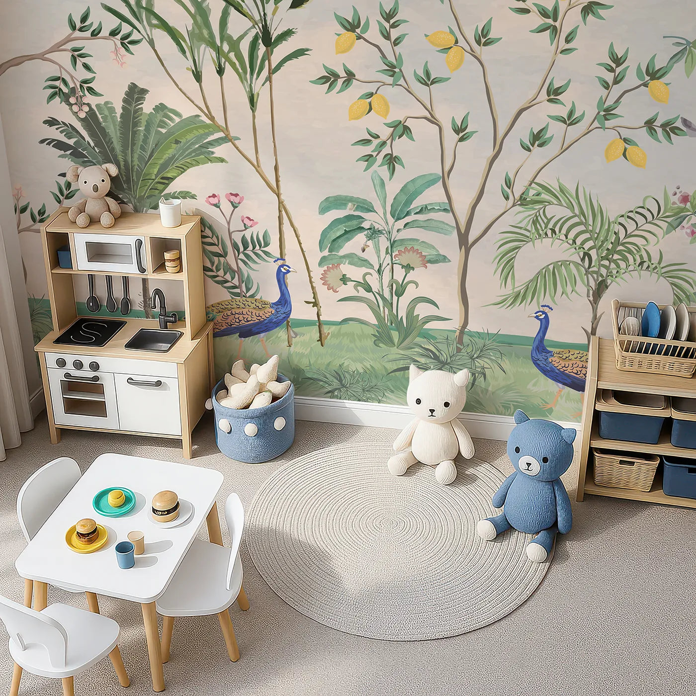 Top-down view of Whimsy Tots' Peacock Garden Wall Mural (Turn Their Room into an Elegant, Hand-Painted Paradise).Gender-Neutral