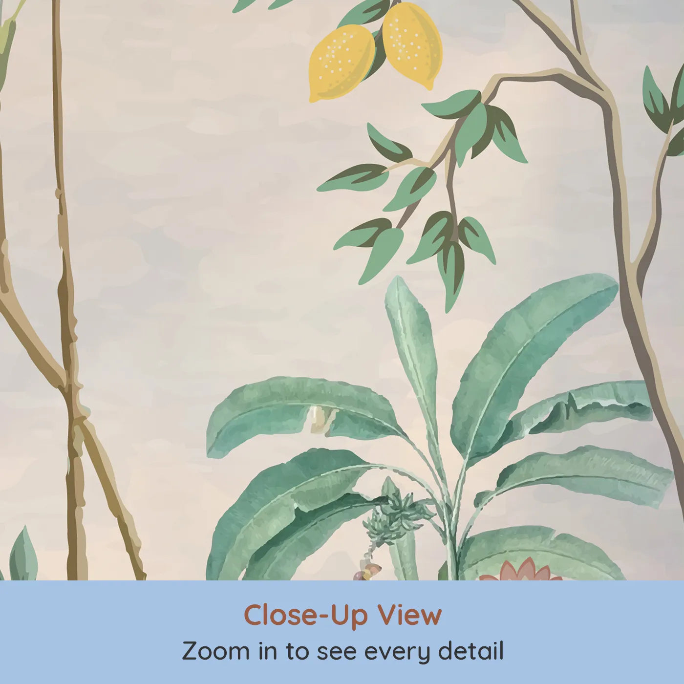 Close-up view of Whimsy Tots' Peacock Garden Wall Mural (Turn Their Room into an Elegant, Hand-Painted Paradise).Gender-Neutral