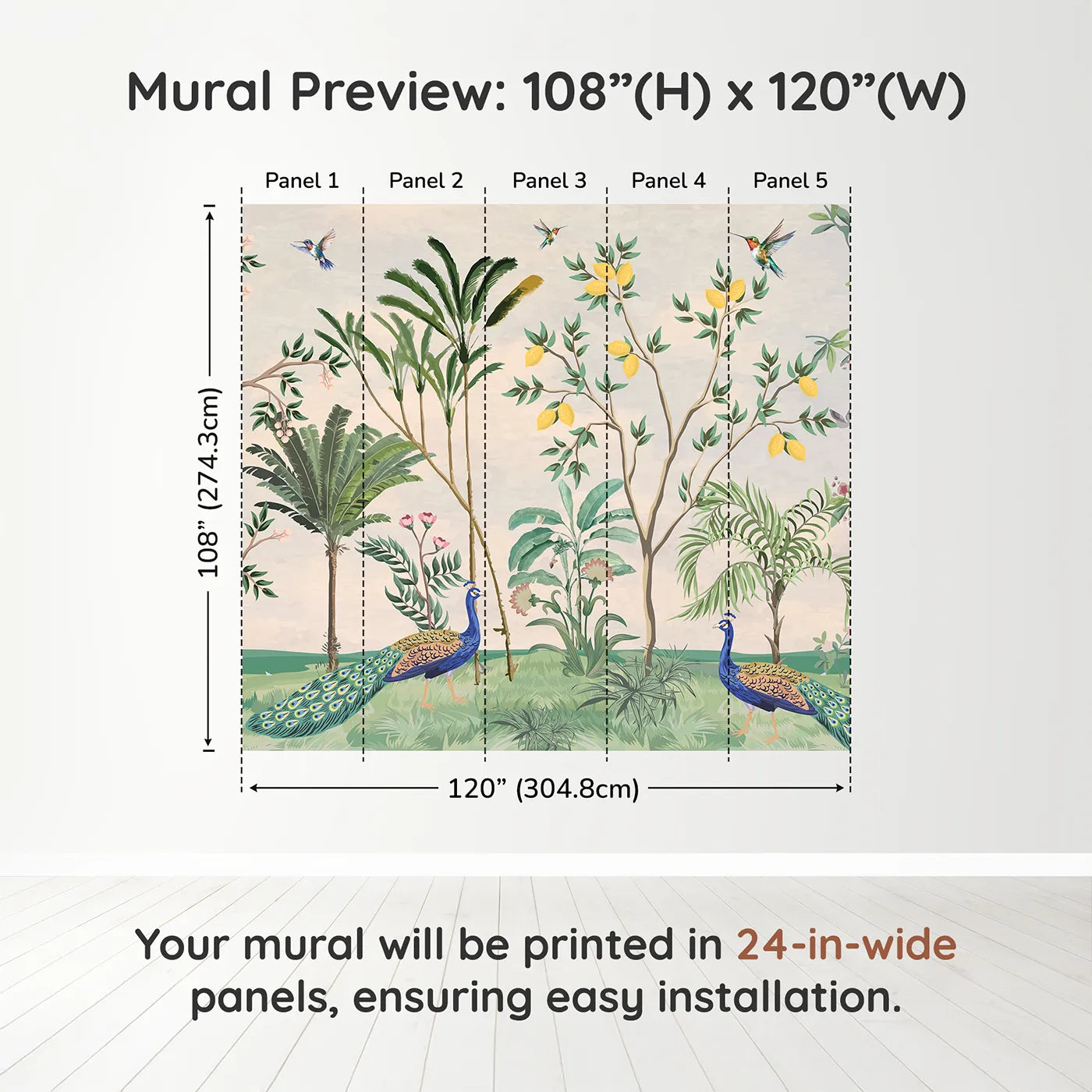 Whimsy Tots Peacock Garden Wall Muraldimension view (108" H x 120" W). Printed in five 24-inch-wide panels. Gender-Neutral