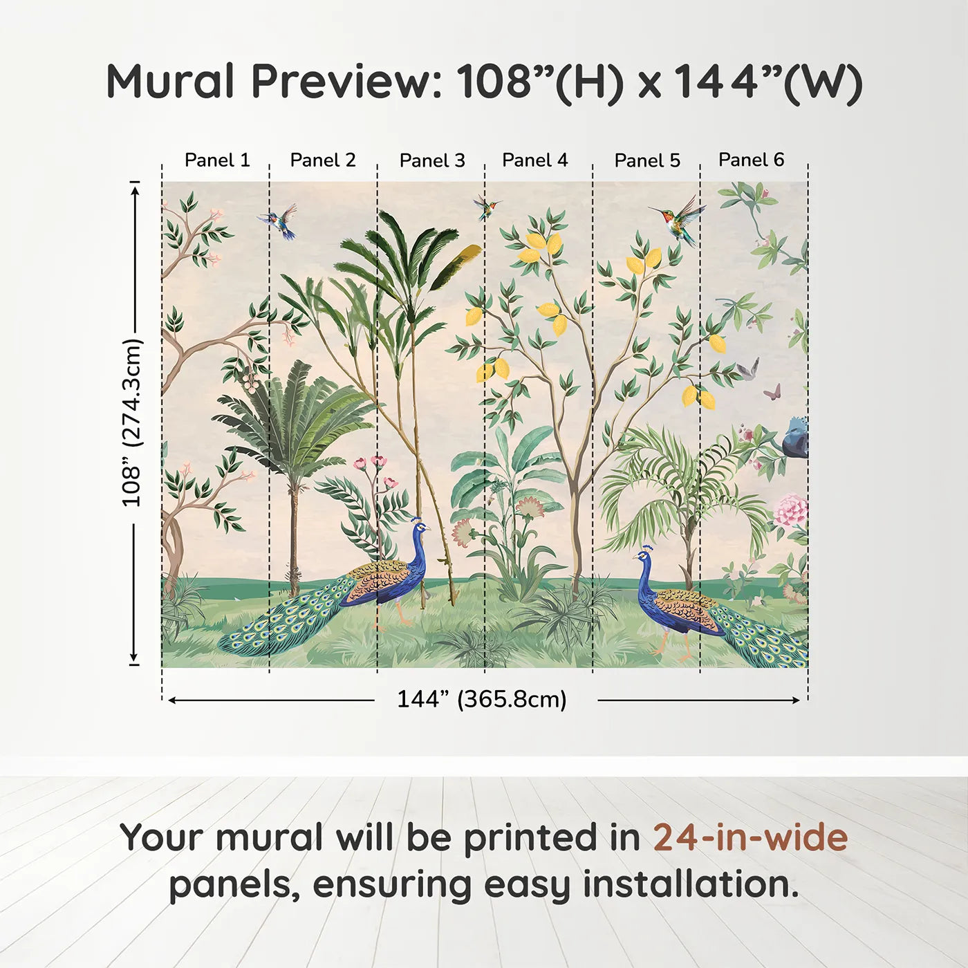 Whimsy Tots Peacock Garden Wall Muraldimension view (108" H x 144" W). Printed in six 24-inch-wide panels. Gender-Neutral