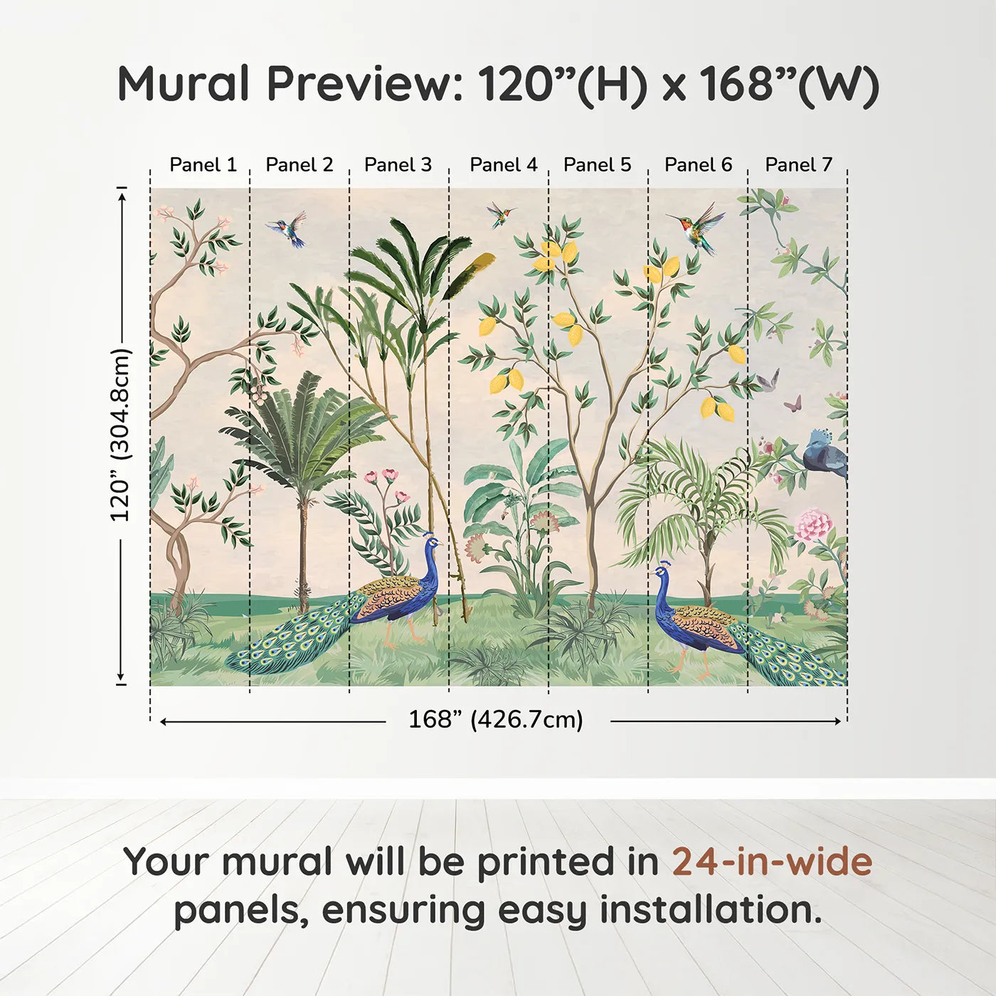 Whimsy Tots Peacock Garden Wall Muraldimension view (120" H x 168" W). Printed in seven 24-inch-wide panels. Gender-Neutral