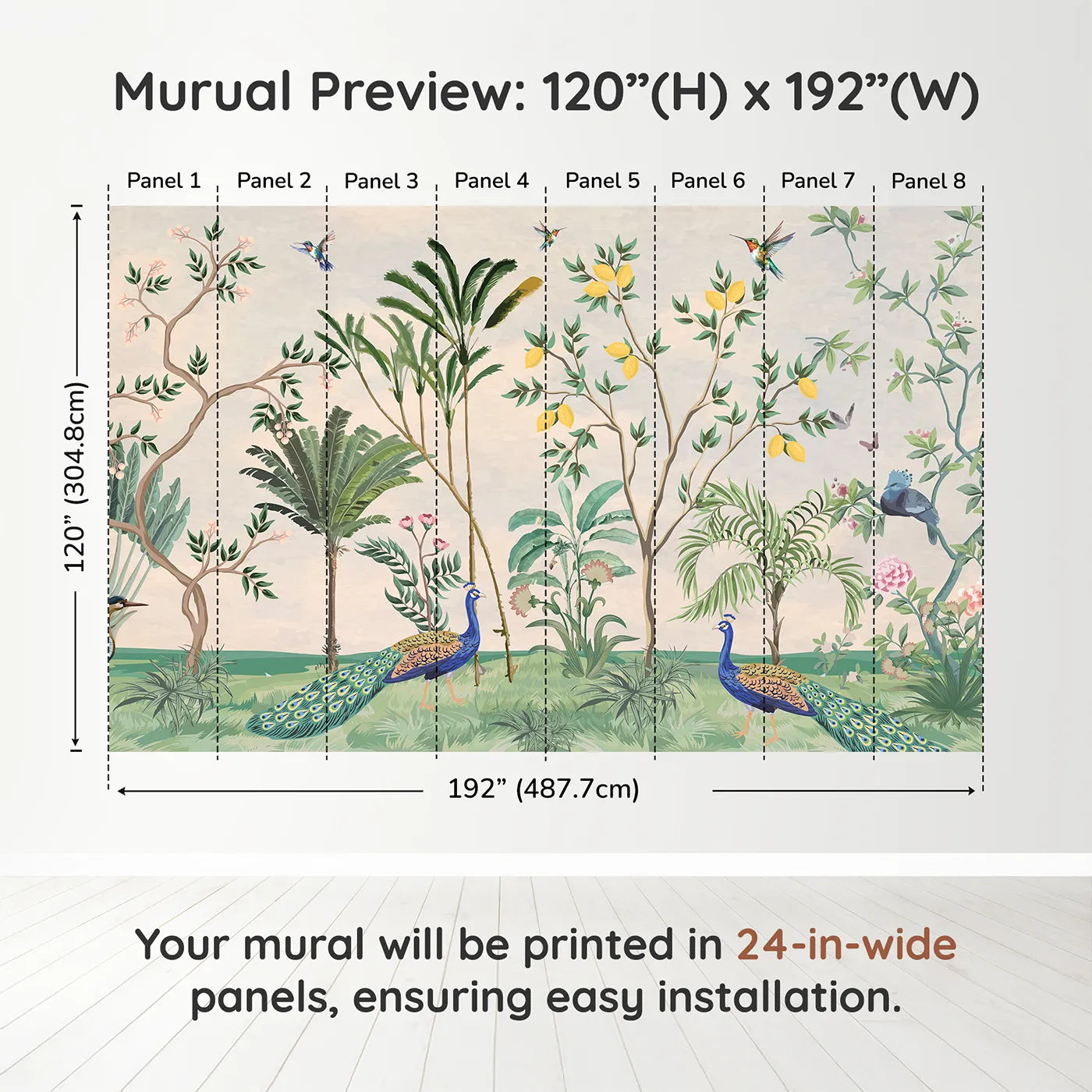 Whimsy Tots Peacock Garden Wall Muraldimension view (120" H x 192" W). Printed in eight 24-inch-wide panels. Gender-Neutral