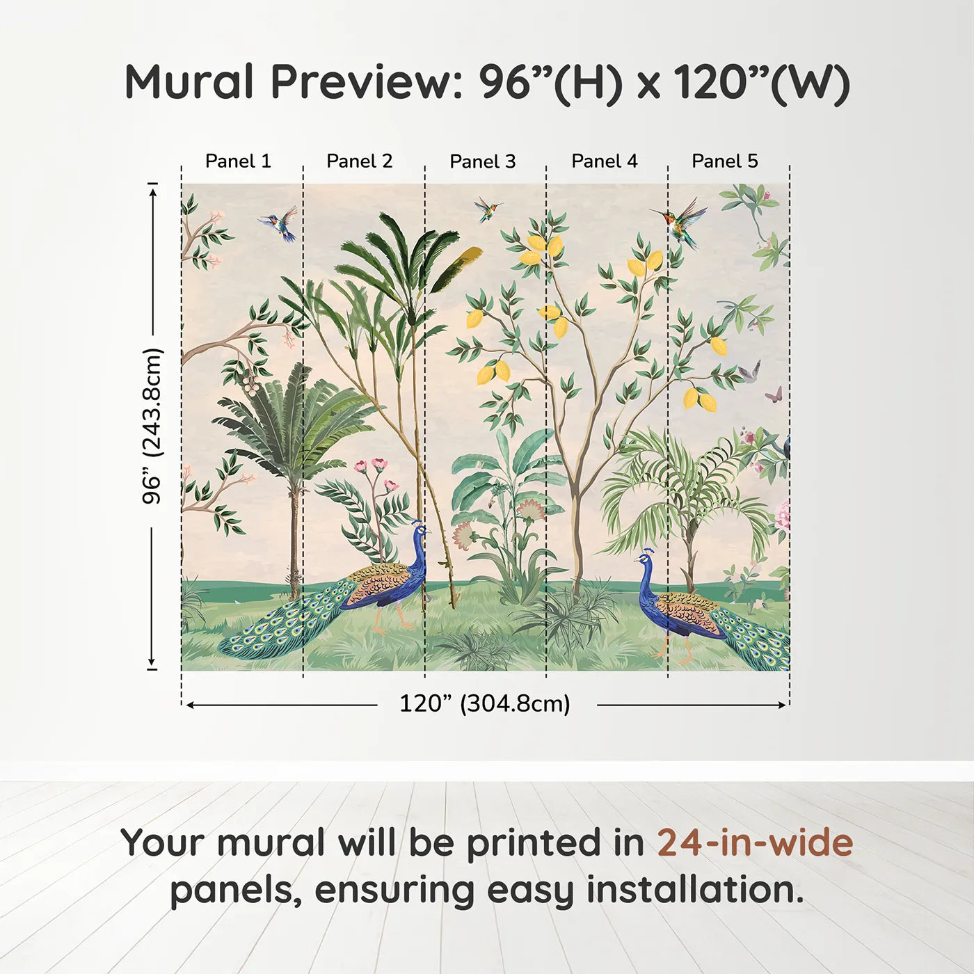 Whimsy Tots Peacock Garden Wall Muraldimension view (96" H x 120" W). Printed in five 24-inch-wide panels. Gender-Neutral