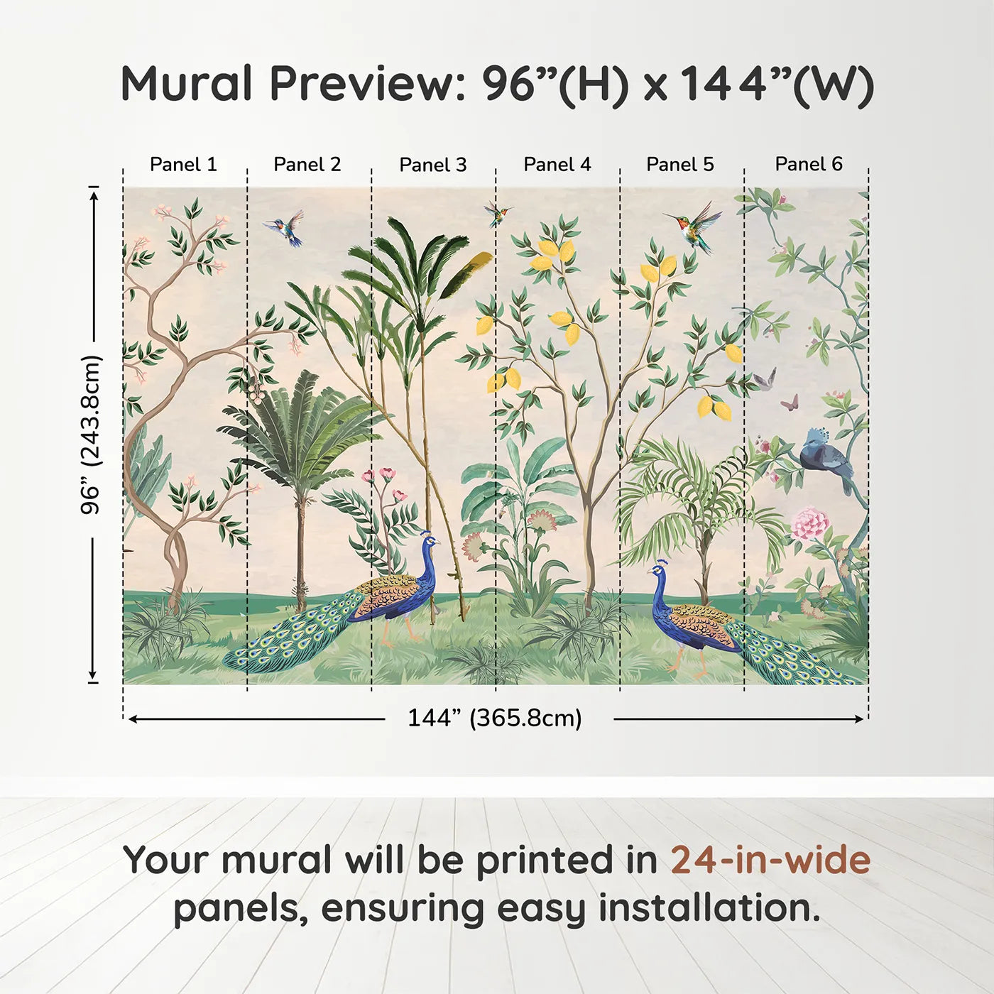 Whimsy Tots Peacock Garden Wall Muraldimension view (96" H x 144" W). Printed in six 24-inch-wide panels. Gender-Neutral