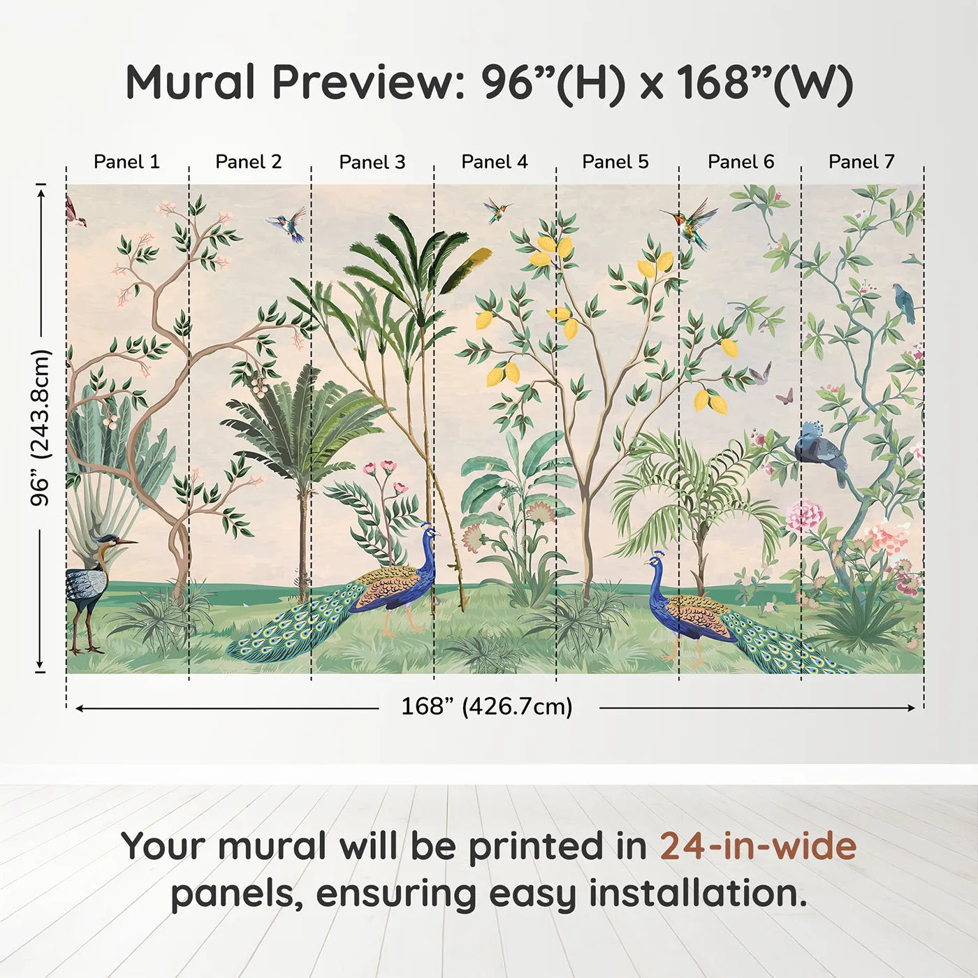 Whimsy Tots Peacock Garden Wall Muraldimension view (96" H x 168" W). Printed in seven 24-inch-wide panels. Gender-Neutral