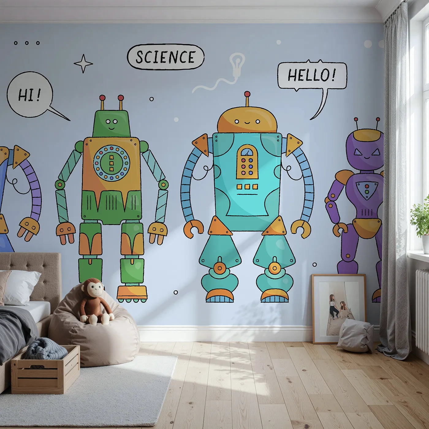 Front view of Whimsy Tots' Colorful Robot Lineup Wall Mural