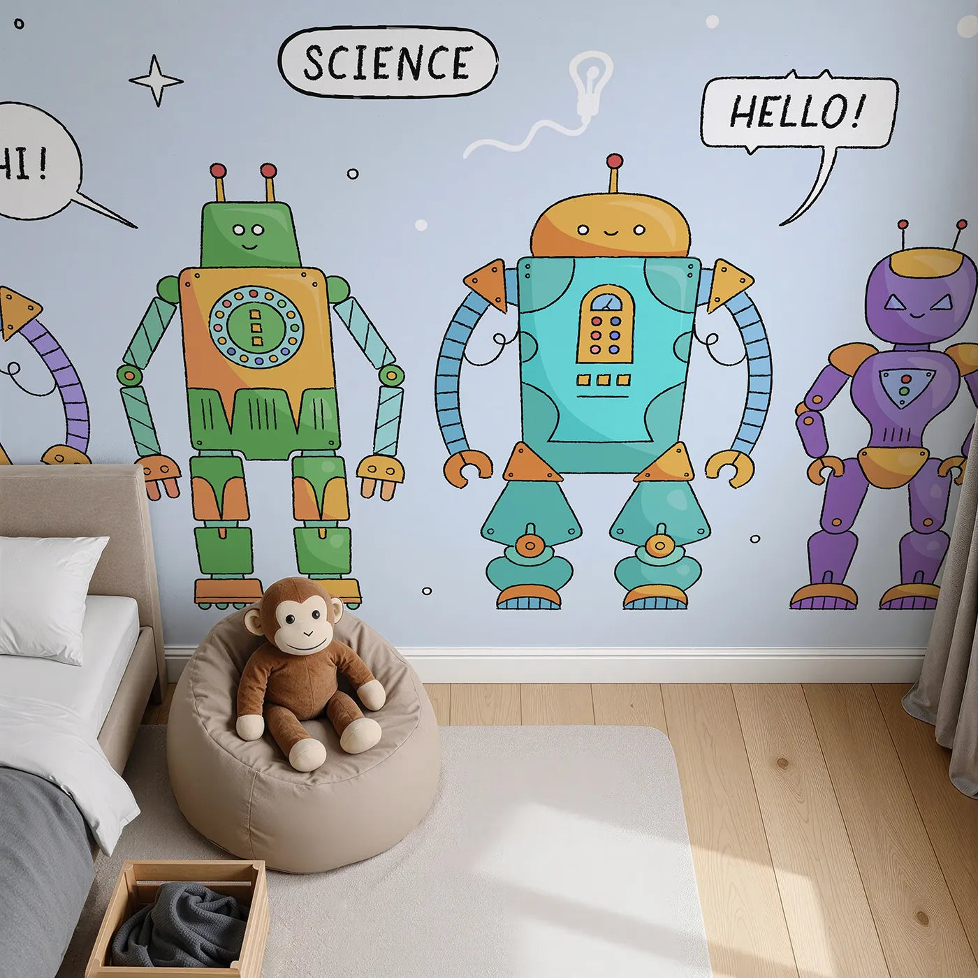 Top-down view of Whimsy Tots' Colorful Robot Lineup Wall Mural (Turn Their Room into a Fun and Friendly Robotics Lab).Gender-Neutral