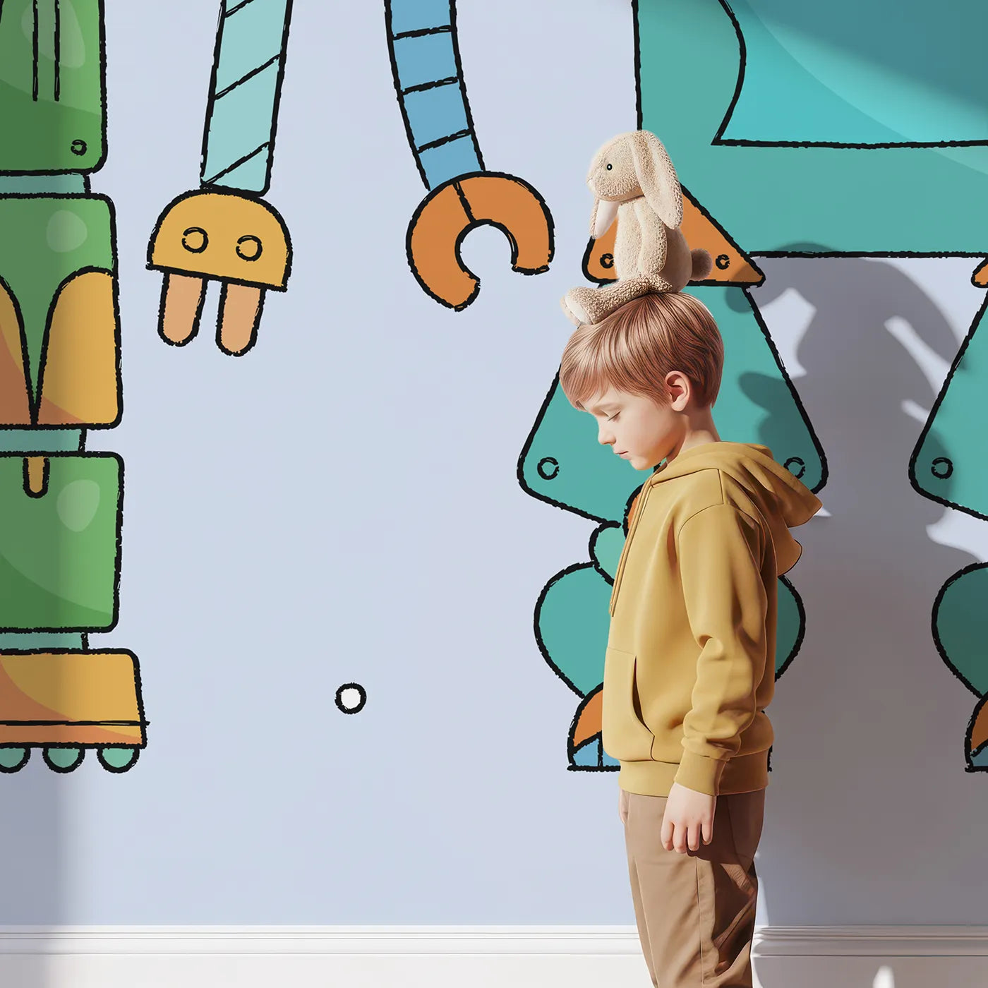 Child in front of Whimsy Tots Colorful Robot Lineup Wall Mural with robot, future, tech, science, modern, cute, cartoon, colorful in design.
