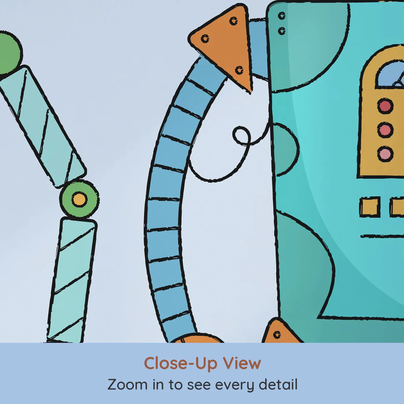 Close-up view of Whimsy Tots' Colorful Robot Lineup Wall Mural (Turn Their Room into a Fun and Friendly Robotics Lab).Gender-Neutral