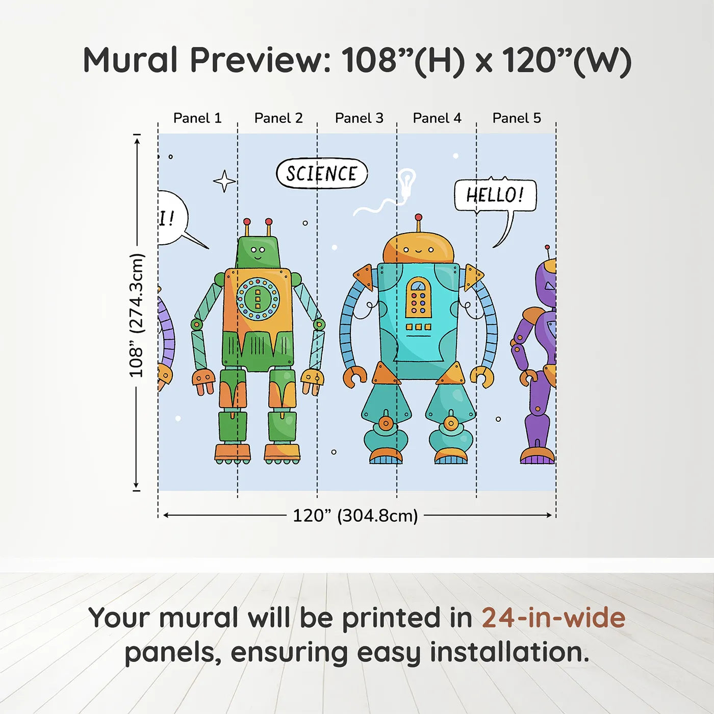 Whimsy Tots Colorful Robot Lineup Wall Muraldimension view (108" H x 120" W). Printed in five 24-inch-wide panels. Gender-Neutral