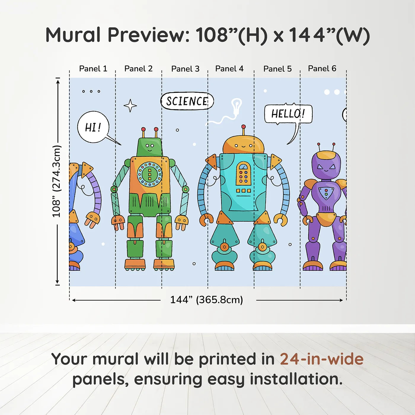 Whimsy Tots Colorful Robot Lineup Wall Muraldimension view (108" H x 144" W). Printed in six 24-inch-wide panels. Gender-Neutral